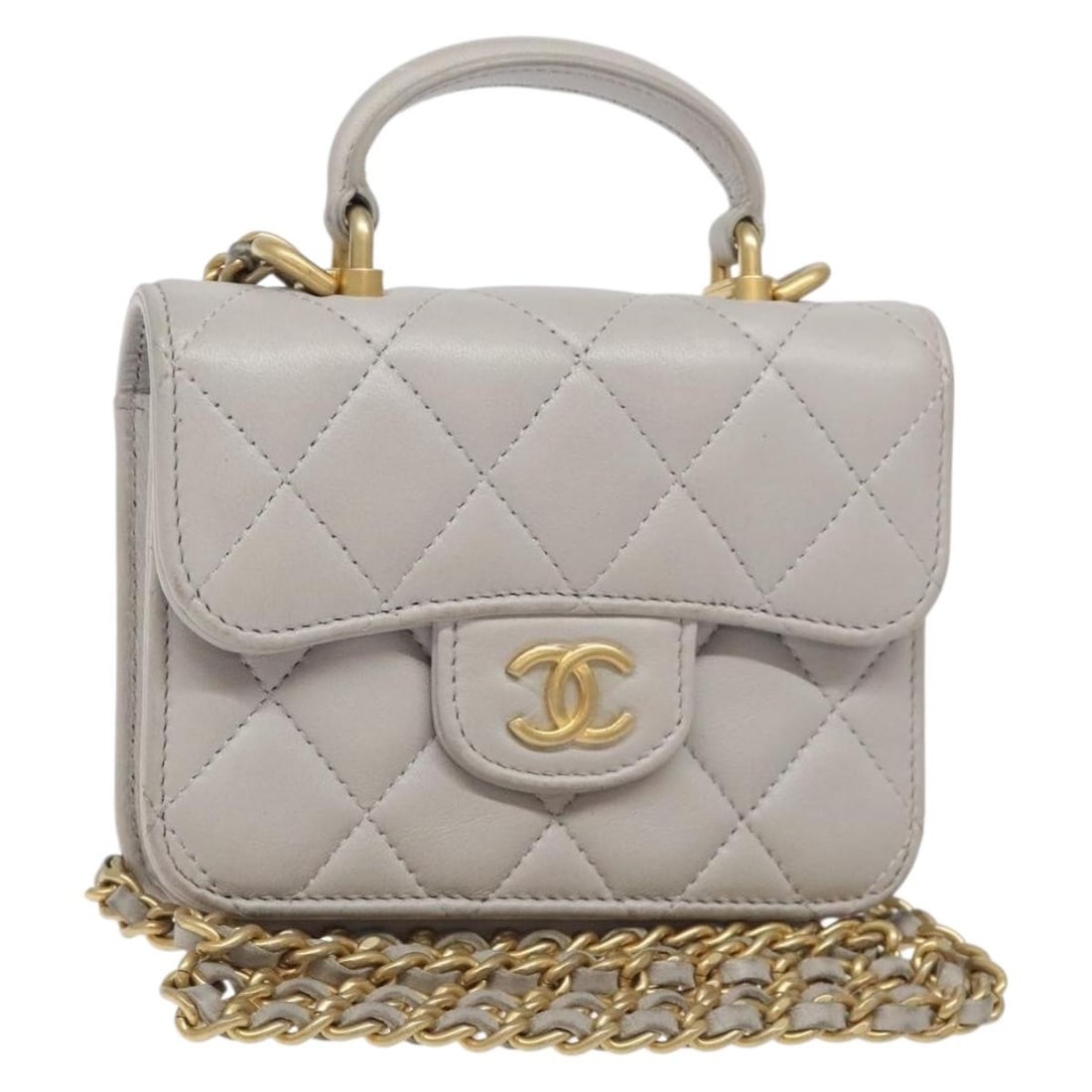 CHANEL Matelasse Lamb Skin Chain Wallet Shoulder Bag Gray Gold: CHANEL Matelasse Lamb Skin Chain Wallet Shoulder Bag Gray Gold CHANEL Matelasse chain wallet shoulder bag in gray and gold lamb skin, made in France. Designed for women, this shoulder bag features a c