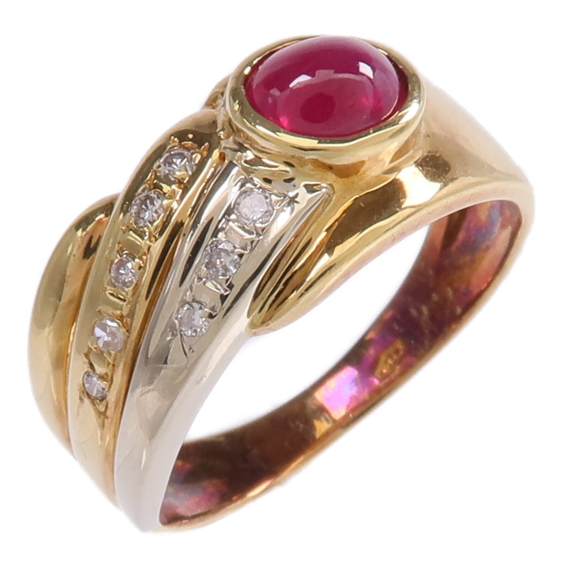 18K Yellow White Gold Ruby Diamond Ring US 5.5: 18K Yellow White Gold Ruby Diamond Ring US 5.5 Ruby and diamond ring in 18K yellow gold and white gold, designed for women. It is a regular size 5.5 ring with a red and clear color presentation. Condi