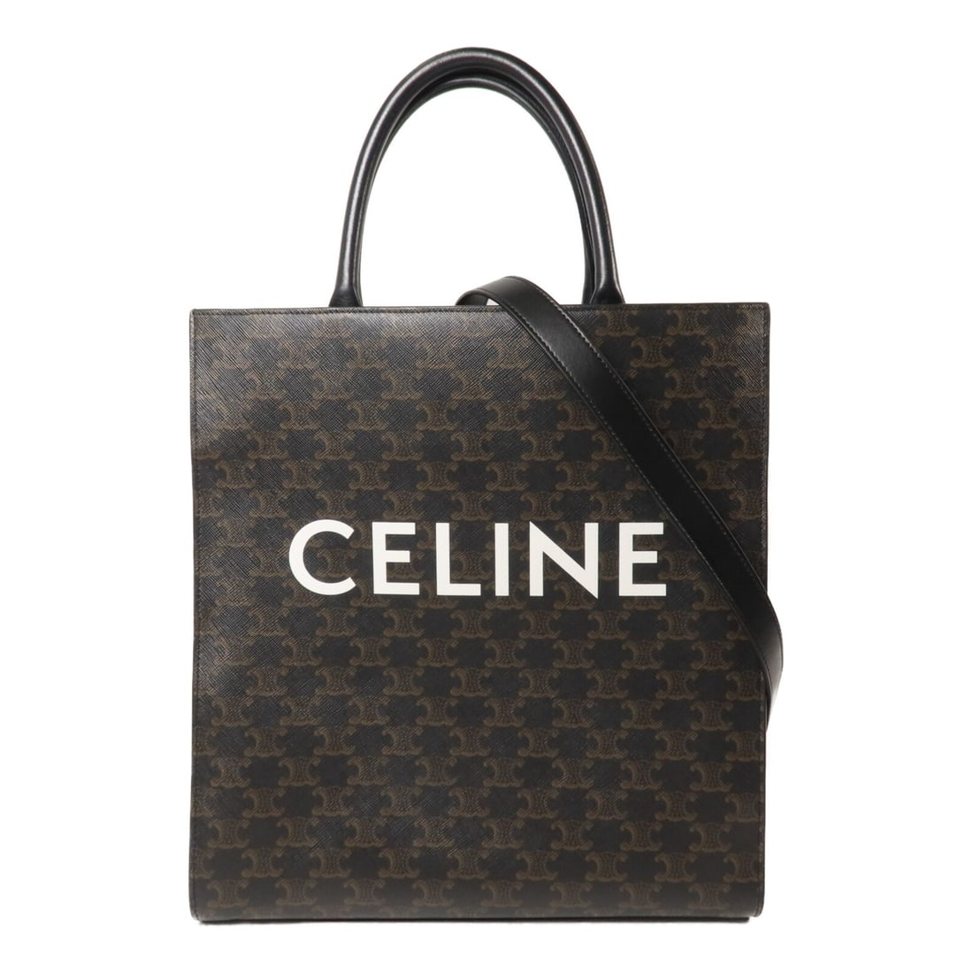CELINE Vertical Cabas Medium 2way Shoulder Bag Black Coated Canvas: CELINE Vertical Cabas Medium 2way Shoulder Bag Black Coated Canvas Medium Vertical Cabas 2-way shoulder bag in black PVC coated canvas. This women's bag features a structured vertical silhouette, an i