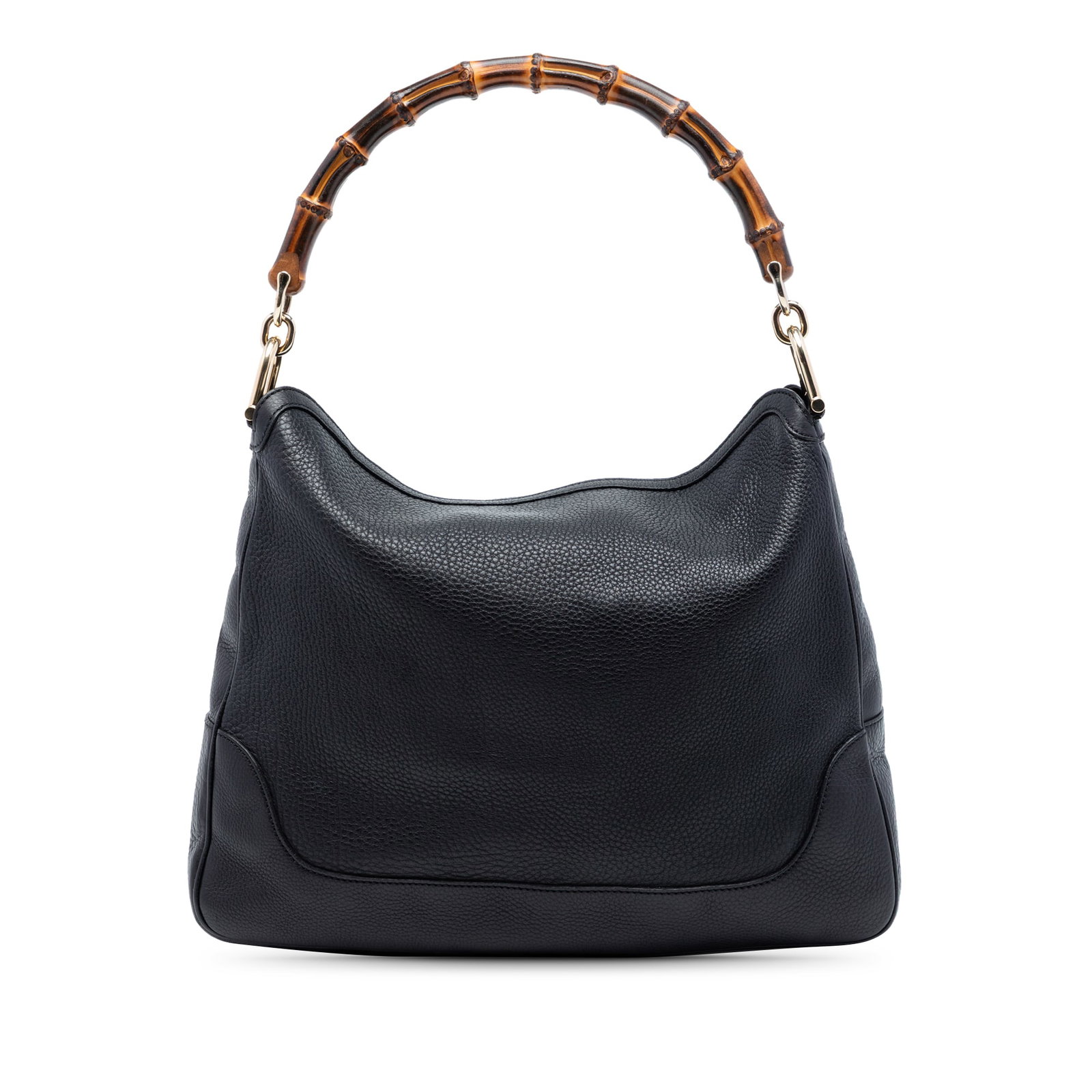 Gucci bamboo handle leather satchel black: Gucci bamboo handle leather satchel black This Gucci Calfskin Bamboo Diana Satchel features a sleek leather body in black, accented by a signature bamboo top handle. The bag offers an open top with a 
