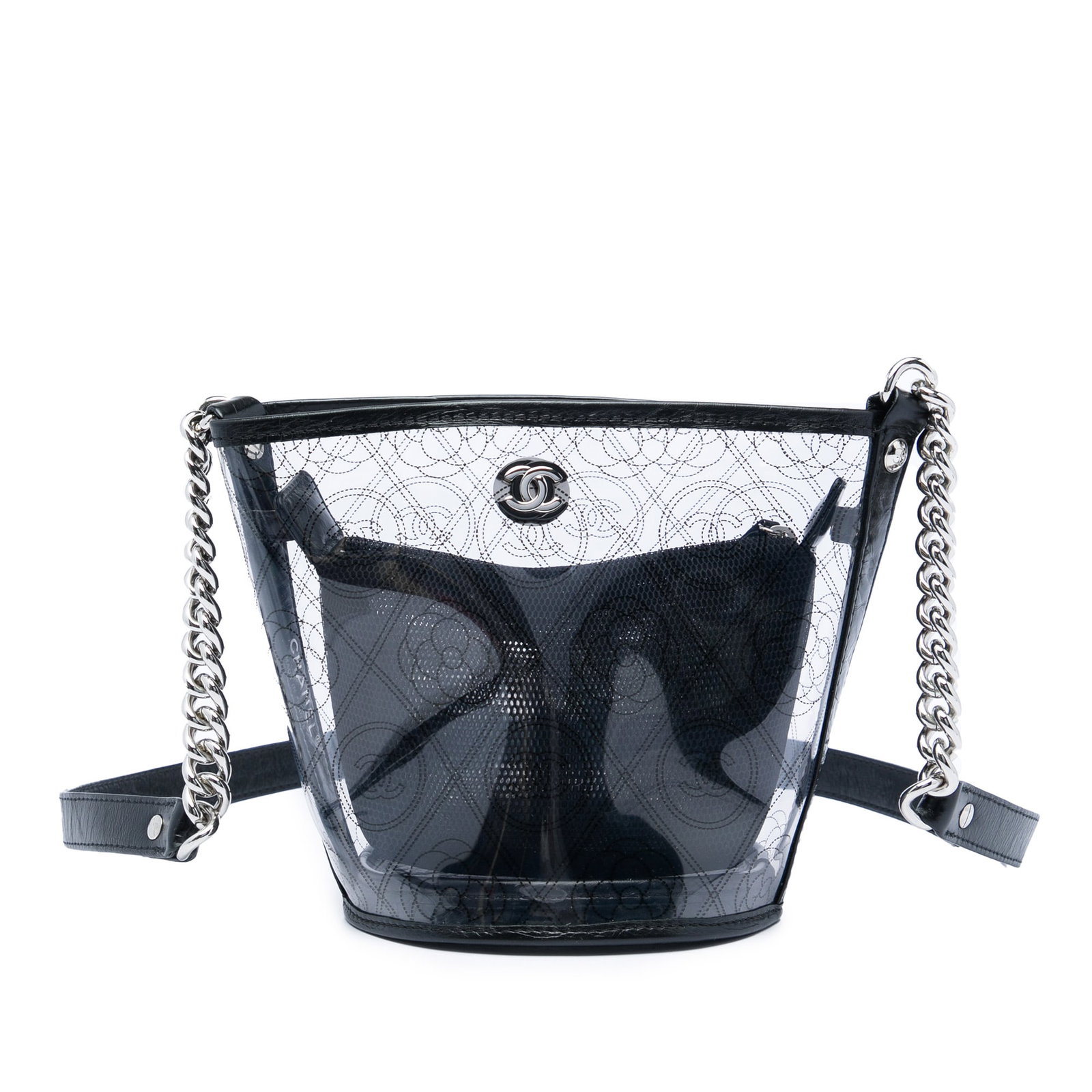 Chanel Camellia Coco Small Bucket Bag PVC Calfskin Black: Chanel Camellia Coco Small Bucket Bag PVC Calfskin Black Chanel Small PVC and crumpled calfskin Camellia Coco bucket bag with a clear PVC body, leather trim, chain and leather strap, open top, and a r