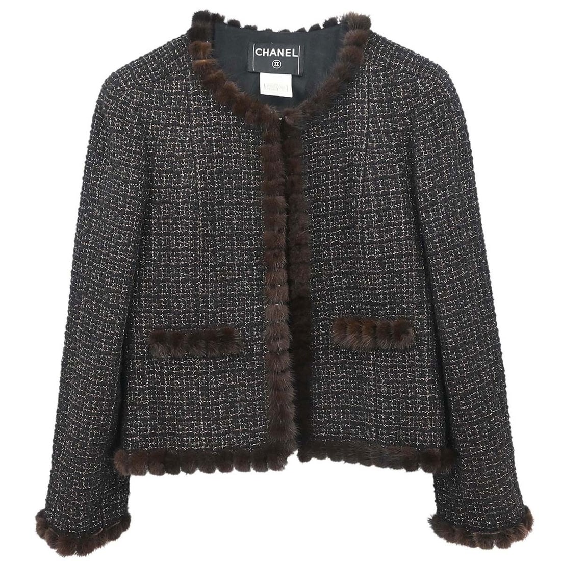 CHANEL Women Jacket Black Wool Mohair FR 40 Collarless (1 of 15)