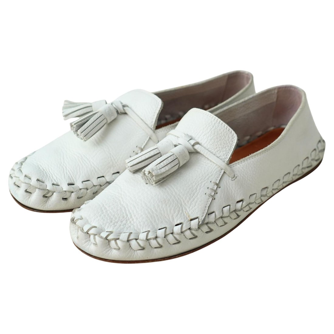 Celine Tassel Slip On Loafers White Leather Size 9.5 (1 of 14)