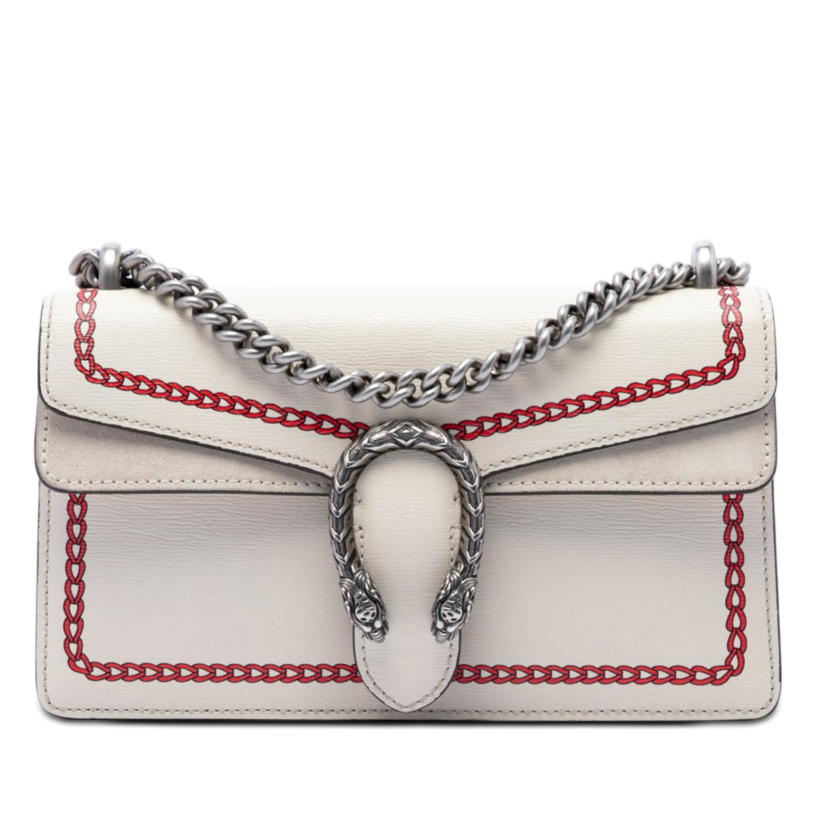Gucci Dionysus Medium Crossbody Bag Textured Calfskin Lunar New Year: Gucci Dionysus Medium Crossbody Bag Textured Calfskin Lunar New Year Gucci Dionysus crossbody bag in white textured calfskin with a printed leather body, chain-link shoulder strap, and front flap with