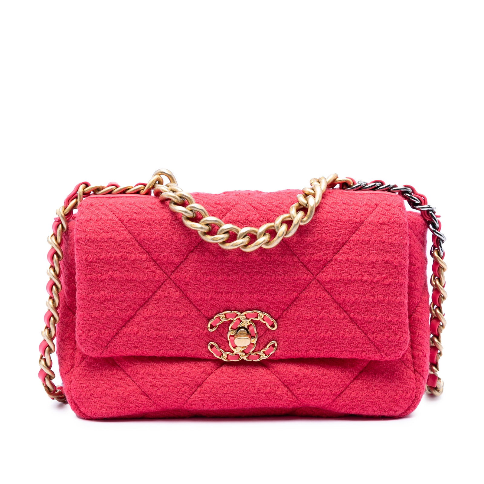 Chanel pink tweed 19 Flap bag gold-tone chain handle: Chanel pink tweed 19 Flap bag gold-tone chain handle This Chanel Medium Tweed 19 Flap bag features a pink fabric body with a gold-tone chain handle and a woven leather chain shoulder strap. It is desi