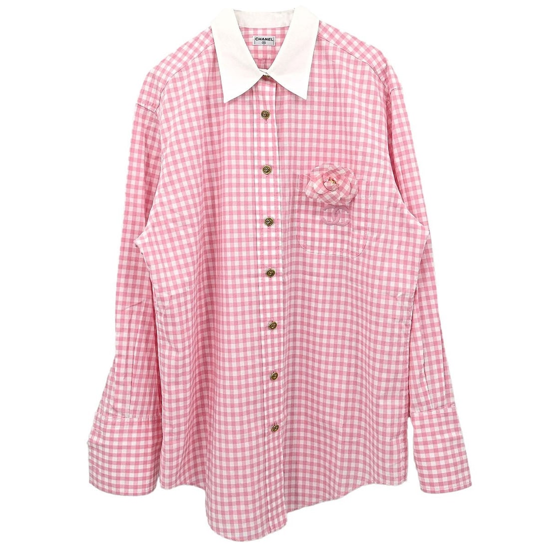 Vintage CHANEL Pink Gingham Cotton Collared Long Sleeve Blouse: Vintage CHANEL Pink Gingham Cotton Collared Long Sleeve Blouse Vintage CHANEL gingham check blouse shirt in pink and white with a collared neckline and long sleeves. Made from 100% cotton, this women'