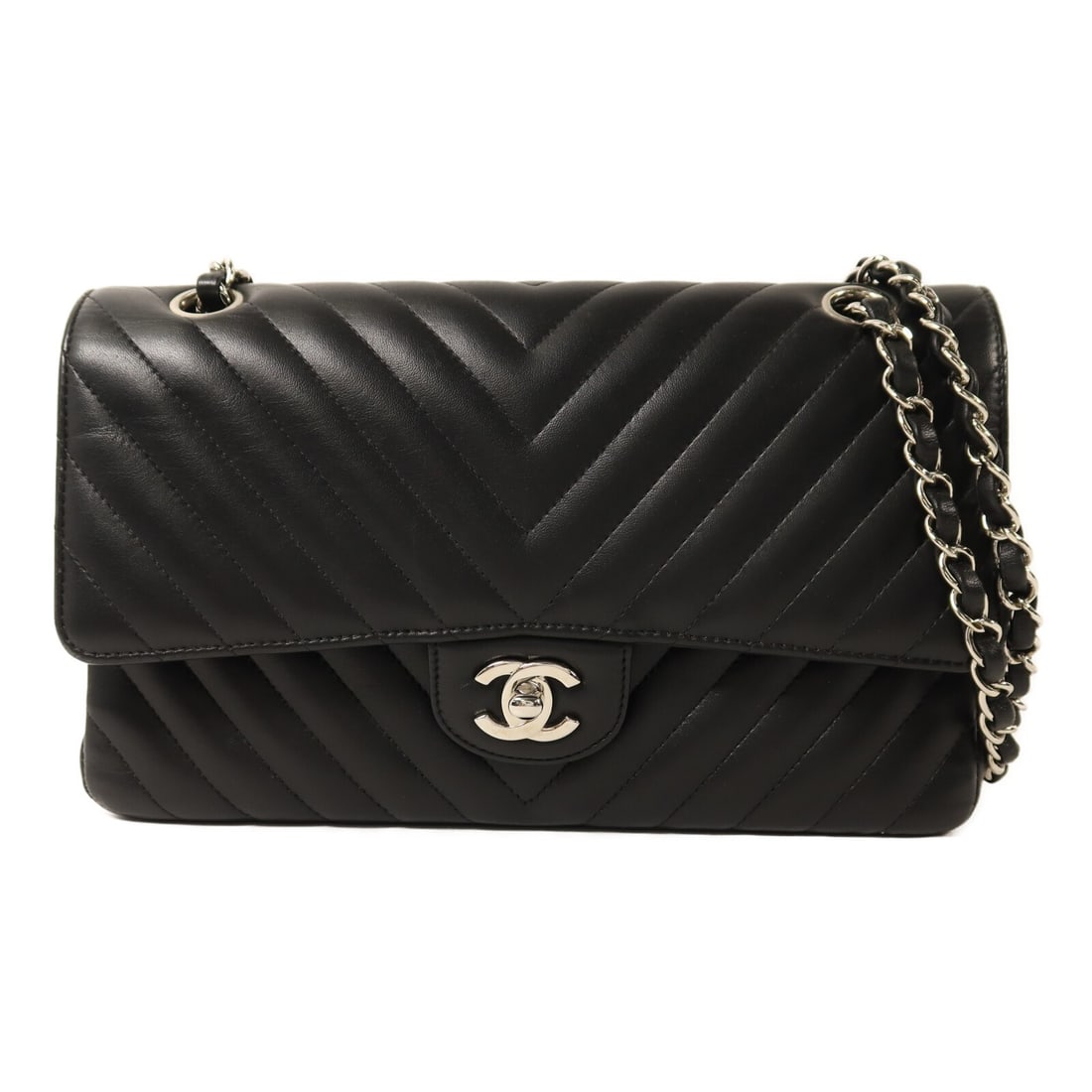 CHANEL A01112 Classic 25 Shoulder Bag Black Lambskin CC SHW: CHANEL A01112 Classic 25 Shoulder Bag Black Lambskin CC SHW Classic CHANEL CC SHW shoulder bag in black lambskin (sheep leather) with a chain shoulder strap. It features a turn lock closure, an exteri
