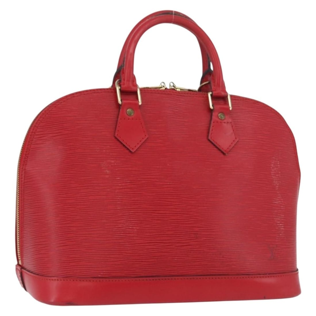 Louis Vuitton Alma Red Leather Handbag: Louis Vuitton Alma Red Leather Handbag This Louis Vuitton Alma handbag is crafted from red Epi leather and designed for women. The bag has visible signs of use, including rubbing, stains, slight shape