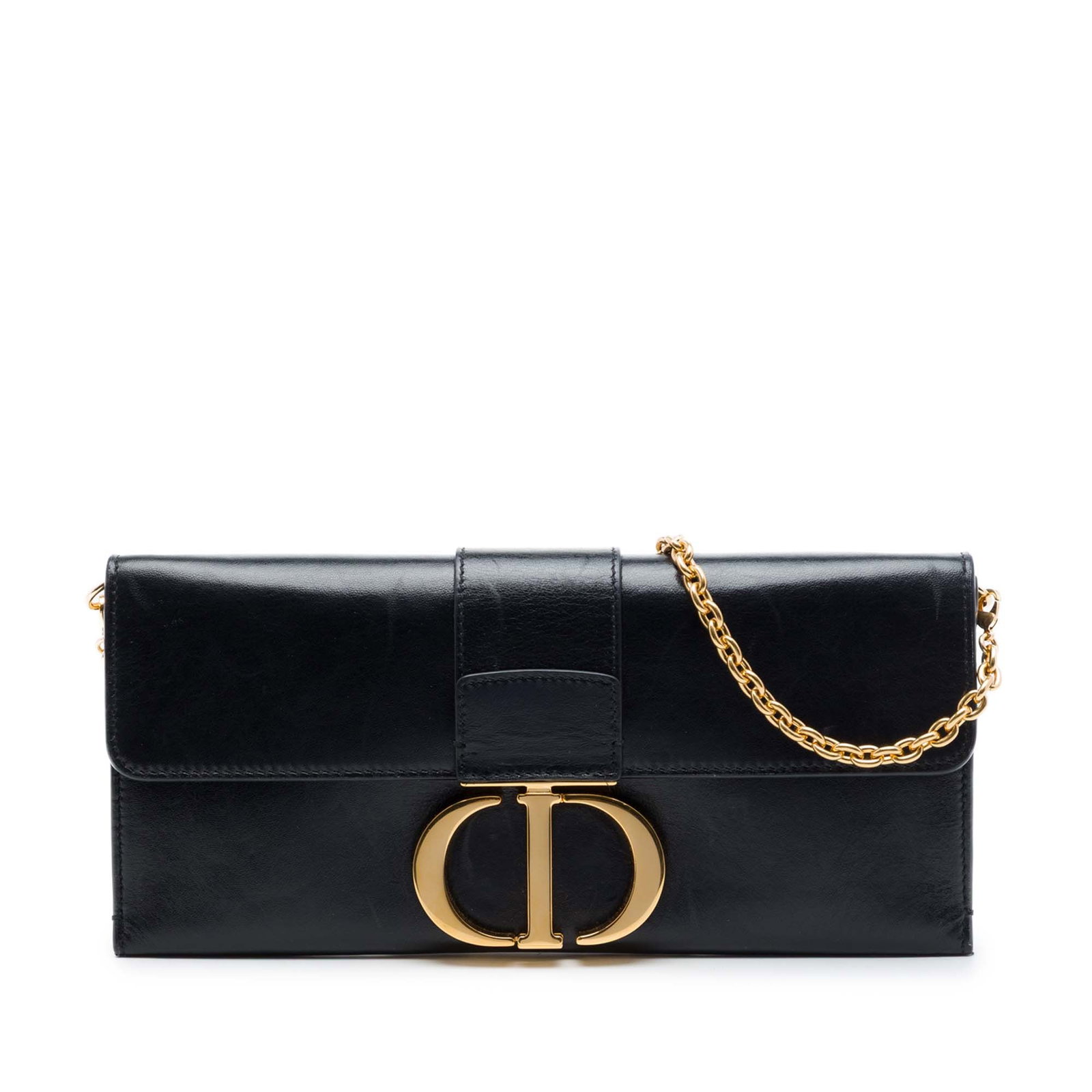 Dior Montaigne 30 leather chain clutch crossbody bag: Dior Montaigne 30 leather chain clutch crossbody bag Dior Montaigne 30 clutch with chain in black leather. This crossbody-style bag features a front flap with snap button closure, a chain link shoulde