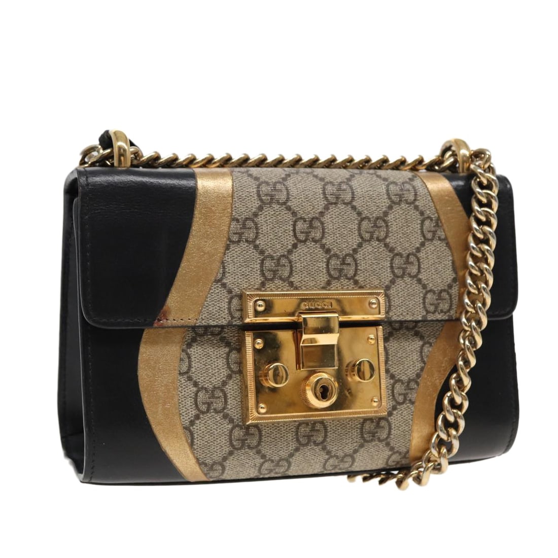 GUCCI 432182 Padlock Shoulder Bag GG Supreme Beige PVC Leather: GUCCI 432182 Padlock Shoulder Bag GG Supreme Beige PVC Leather GUCCI Padlock GG Supreme Chain Shoulder Bag in beige PVC leather and GG canvas, made in Italy. This women's shoulder bag measures approxi