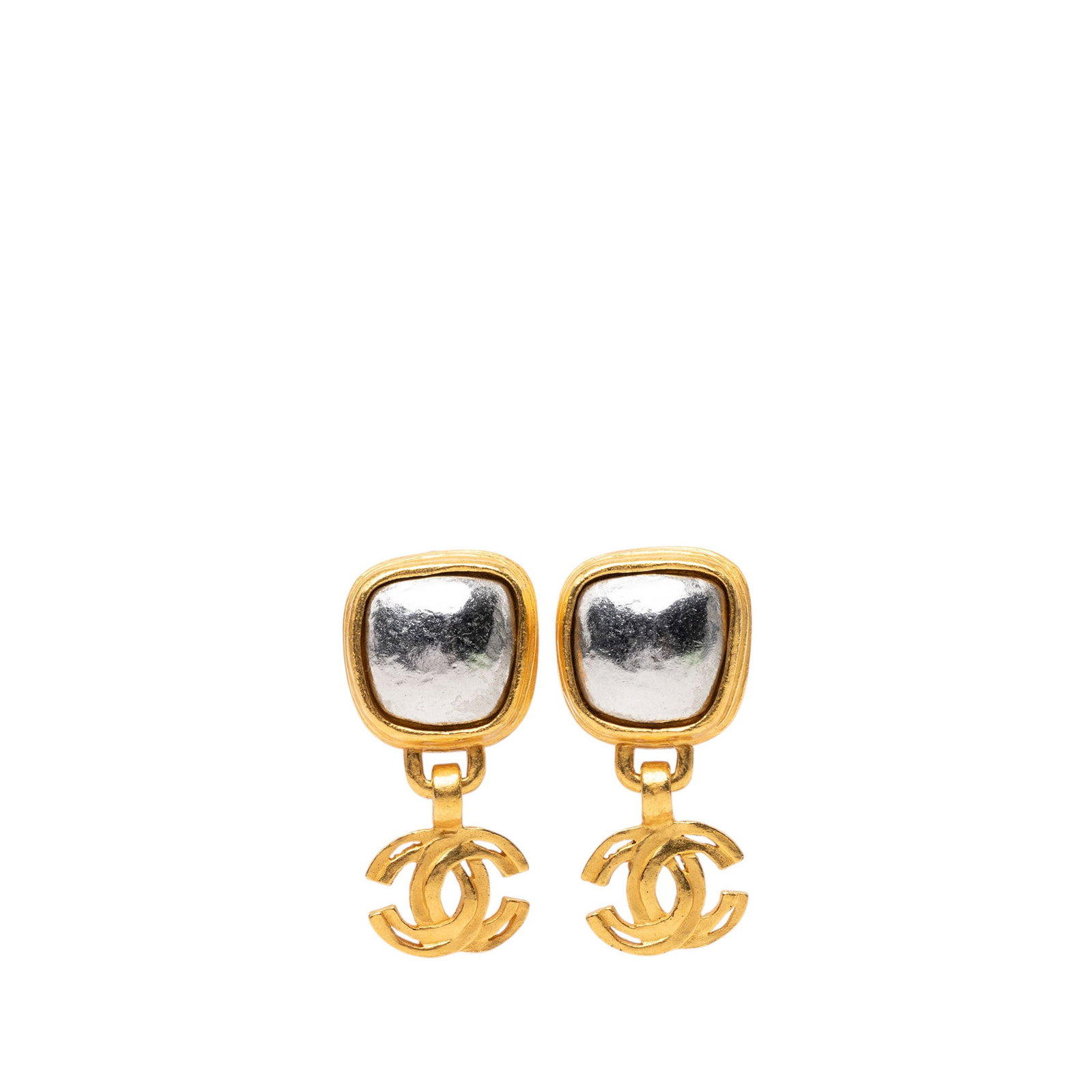 Chanel CC Clip On Drop Earrings Gold Tone Silver Tone Metal: Chanel CC Clip On Drop Earrings Gold Tone Silver Tone Metal Clip-on drop earrings featuring a square design with the Chanel CC motif. The earrings have a gold-tone and silver-tone metal construction w