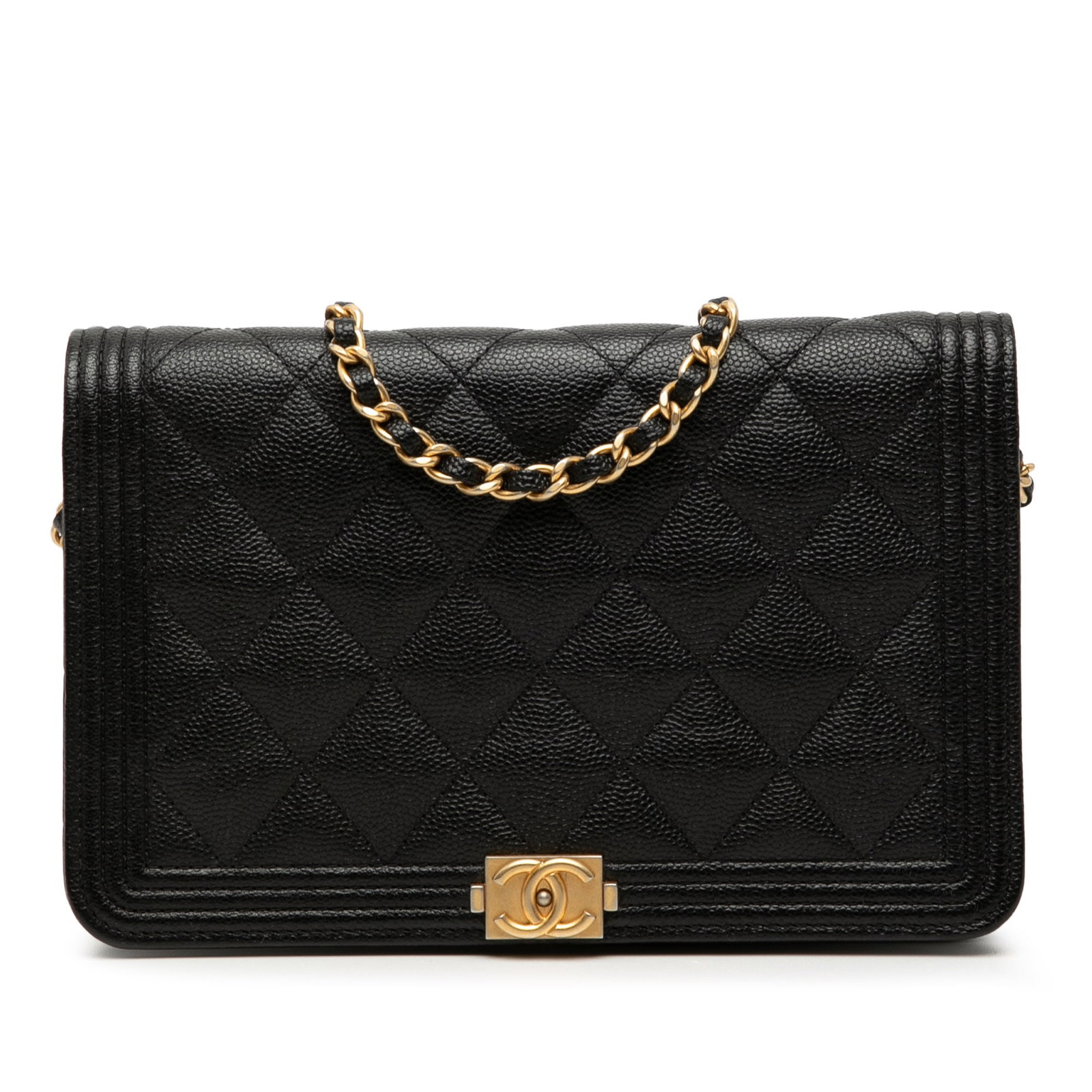 Chanel Boy Wallet on Chain Quilted Caviar Leather Black: Chanel Boy Wallet on Chain Quilted Caviar Leather Black This Chanel Boy Wallet on Chain showcases a quilted caviar leather body in black, complemented by a chain link strap with a leather guard. The d