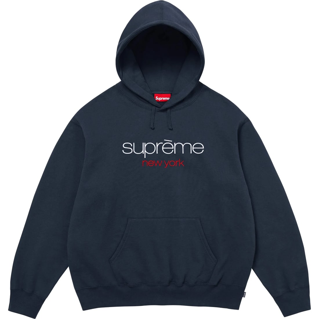 Supreme Classic Logo Hoodie Navy Cotton Fleece Large: Supreme Classic Logo Hoodie Navy Cotton Fleece Large Classic navy pullover hoodie featuring the Supreme logo on the front. Made from cotton fleece, it offers a soft feel and durable everyday wear with