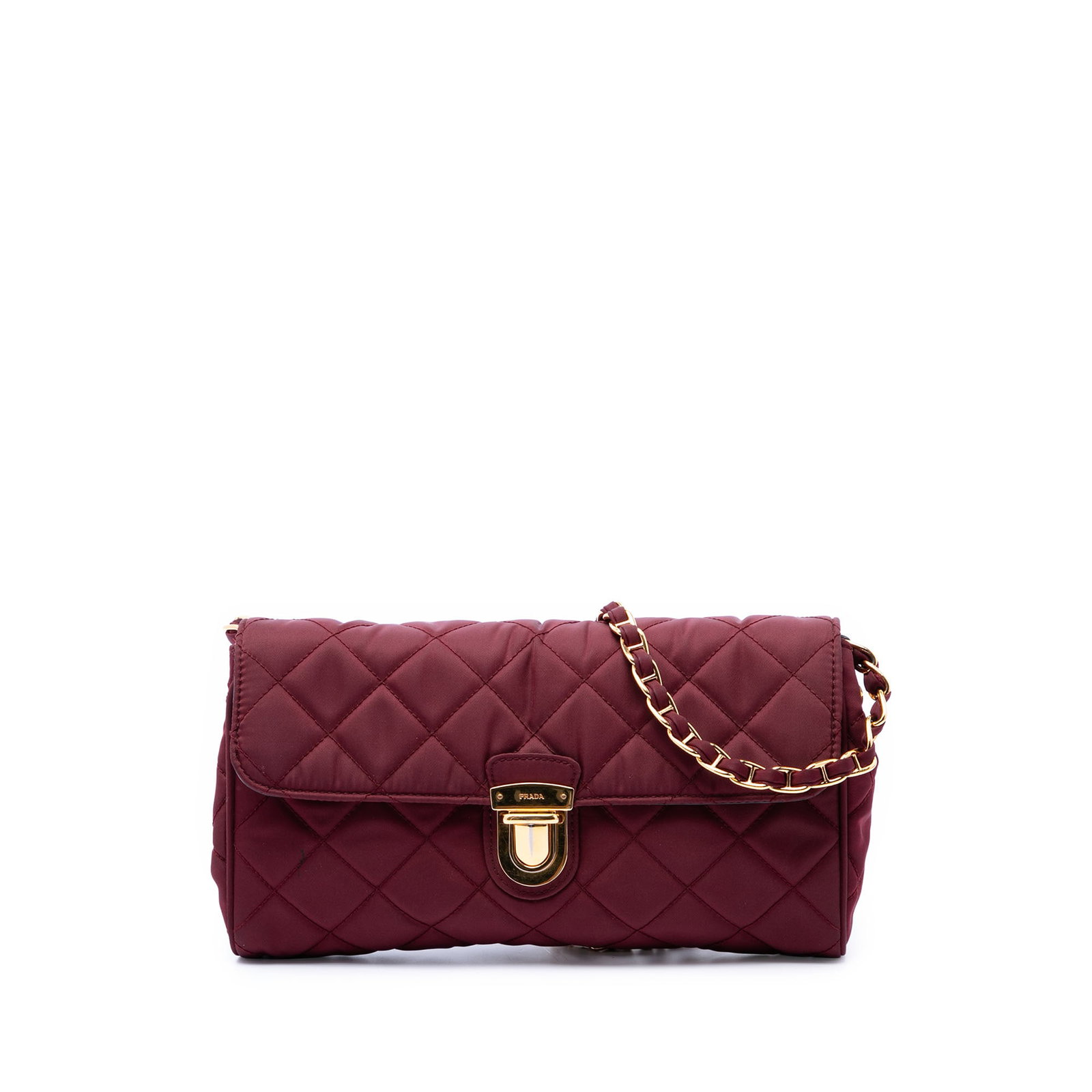 Prada Impuntu Tessuto red quilted nylon crossbody bag: Prada Impuntu Tessuto red quilted nylon crossbody bag Prada Impuntu Tessuto Chain Crossbody bag in red with a quilted nylon body and a nylon woven chain shoulder strap. The design features a front fla