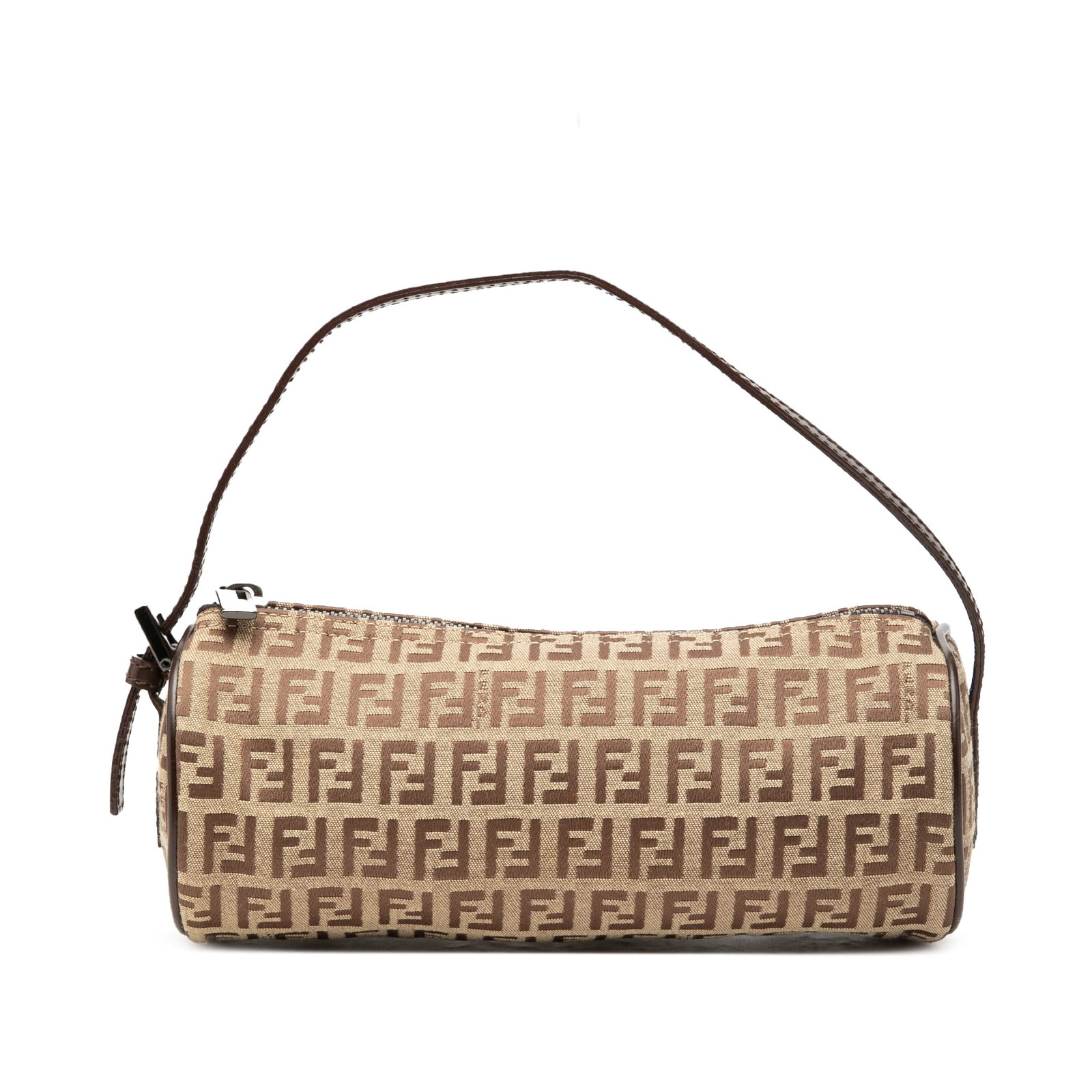 Fendi Zucchino Barrel Pochette Brown Canvas Handbag: Fendi Zucchino Barrel Pochette Brown Canvas Handbag Fendi Zucchino Canvas Barrel Pochette handbag in brown, made in Italy. It features a canvas body, a flat leather strap, and a top zip closure. The b