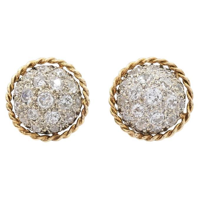 14k Gold Diamond Stud Earrings Domed Pave Rope Border Vintage: 14k Gold Diamond Stud Earrings Domed Pave Rope Border Vintage Vintage 14k gold diamond pave dome stud earrings with a twisted rope border. The domed surface is set with round diamonds in a pave design