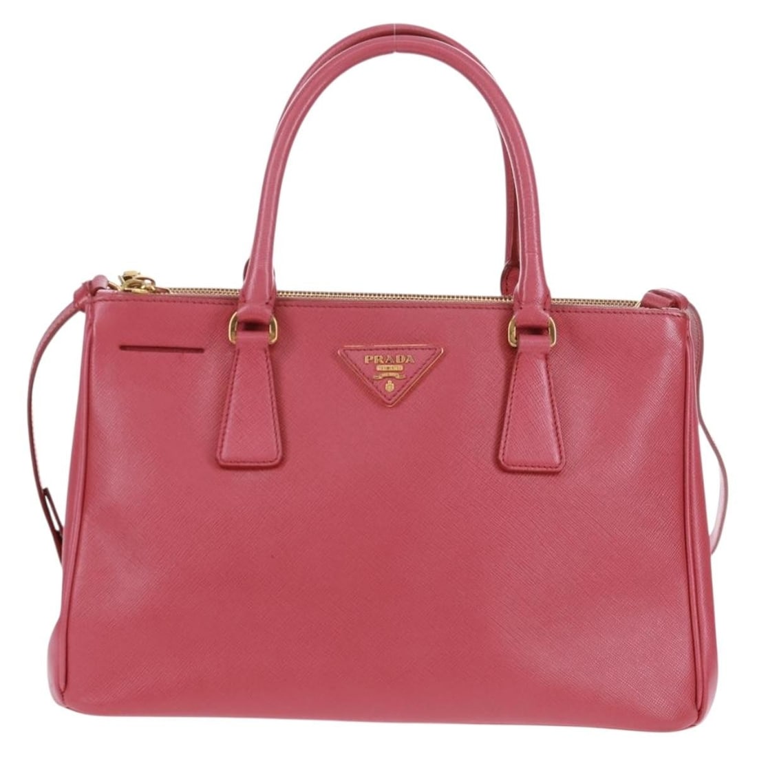 Prada Pink Saffiano Leather Double Zip Lux Tote: Prada Pink Saffiano Leather Double Zip Lux Tote This Prada Double Zip Lux Tote is crafted from pink Saffiano leather and features a structured silhouette with double zip compartments. Designed for wom