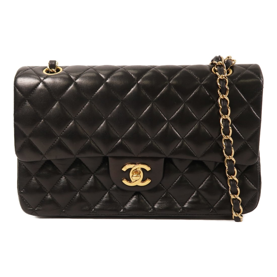 CHANEL A01112 Classic 25 Shoulder Bag Black Lambskin SHW: CHANEL A01112 Classic 25 Shoulder Bag Black Lambskin SHW Classic Chanel CC shoulder bag in black lambskin leather with a chain strap and turn-lock closure. This women's shoulder bag shows reasonable w
