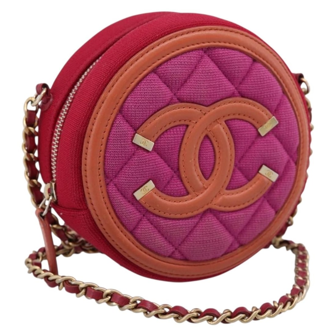 CHANEL CC Matelasse Canvas Shoulder Bag Pink Gold Tone: CHANEL CC Matelasse Canvas Shoulder Bag Pink Gold Tone Compact Chanel Matelasse chain shoulder bag in pink and gold canvas, made in Italy. This women's shoulder bag includes the item shown in the phot