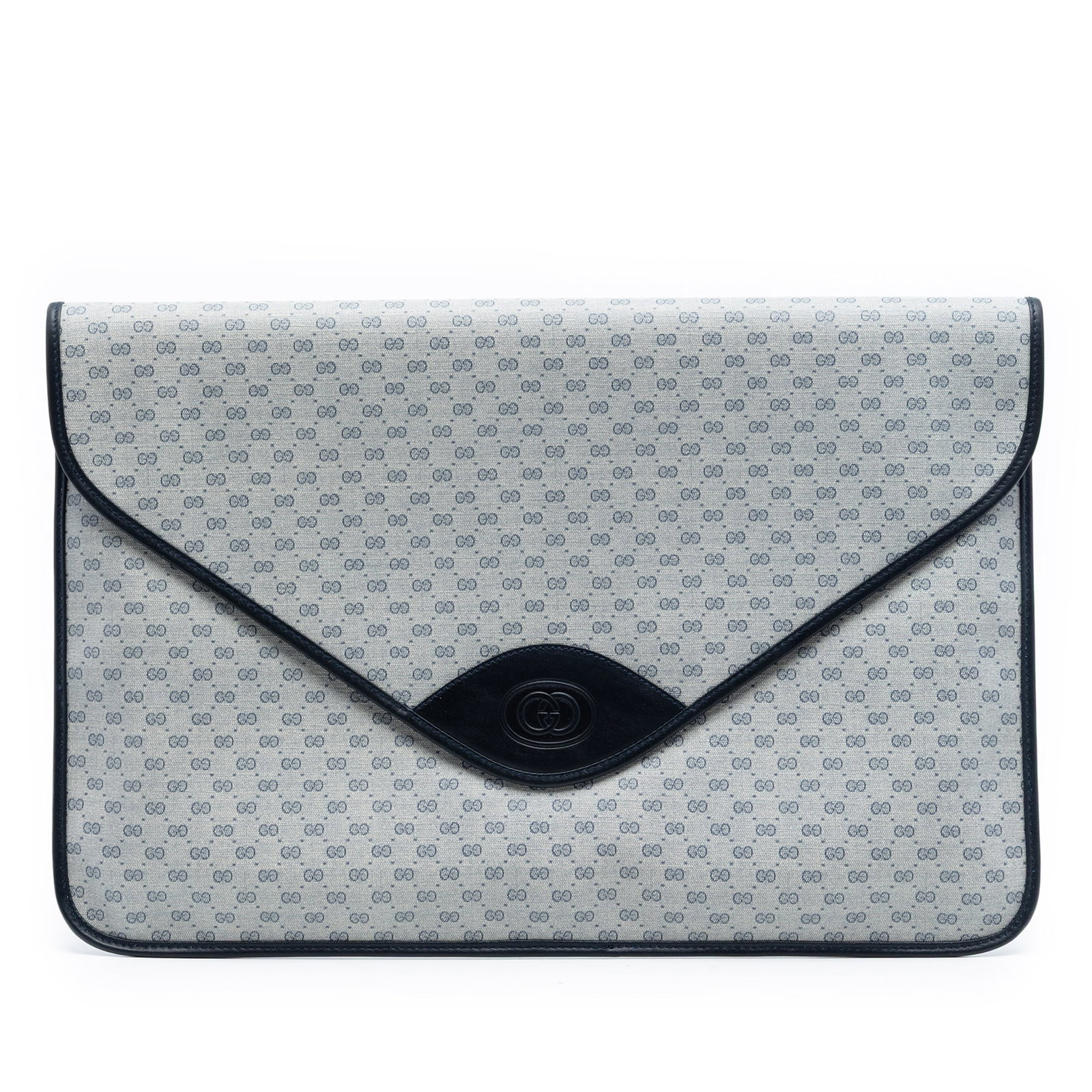 Gucci coated canvas flap clutch with back zip pocket: Gucci coated canvas flap clutch with back zip pocket This Gucci Micro GG Supreme Clutch features a coated canvas exterior with leather trim, a front flap secured by a magnetic snap closure, and a conv