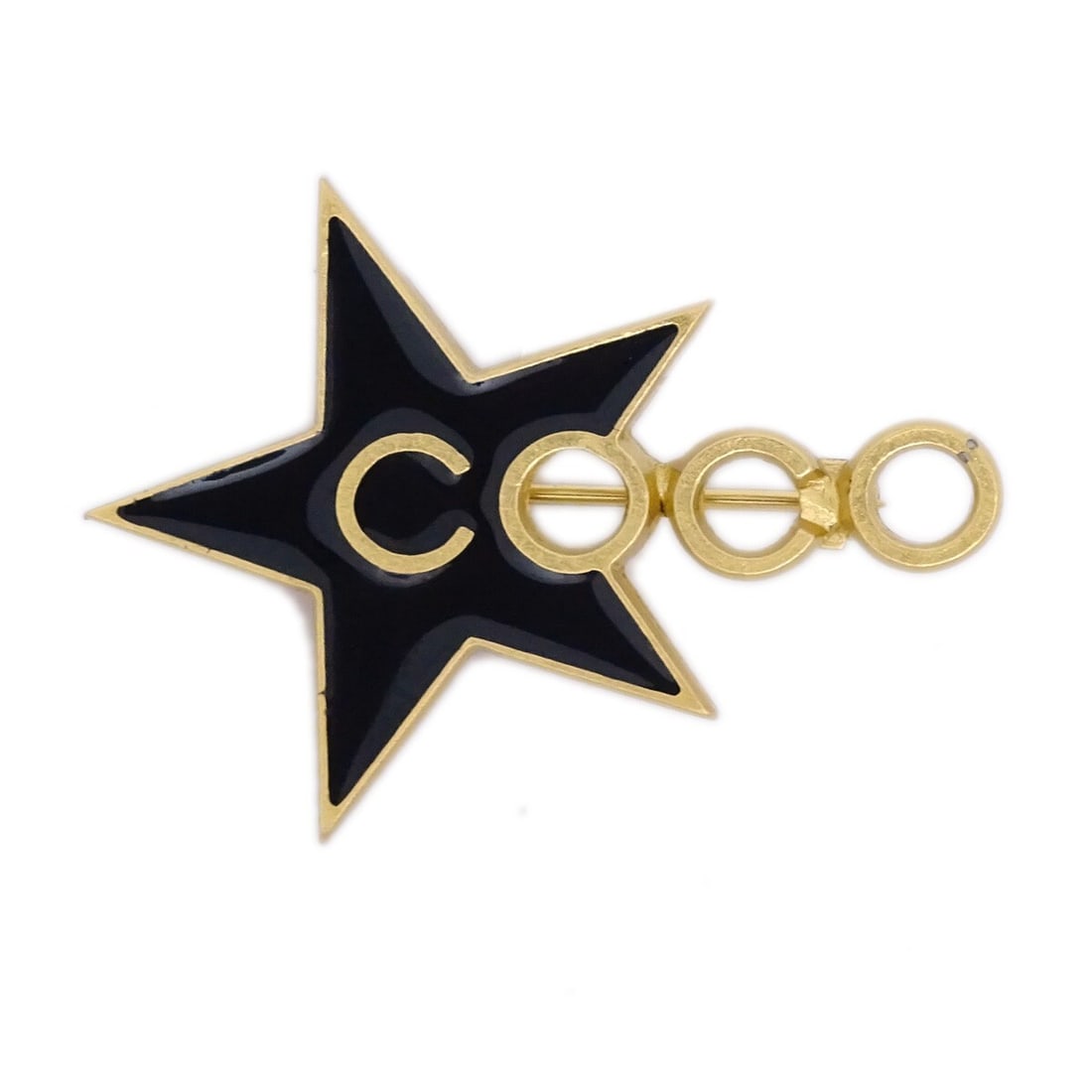 CHANEL COCO Star Brooch Black Gold Plated 01P: CHANEL COCO Star Brooch Black Gold Plated 01P Chanel Star COCO brooch pin in black with gold-plated detailing. Made in France, this brooch features the 01P marking and comes with its box. Condition is