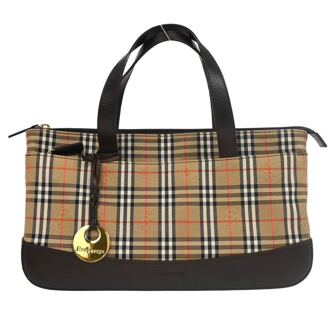 Burberry House Check Beige Canvas Leather Top Handle Bag: Burberry House Check Beige Canvas Leather Top Handle Bag Burberrys House Check handbag in beige and brown canvas and leather, presented in a top handle bag style with double handles and inner pockets.
