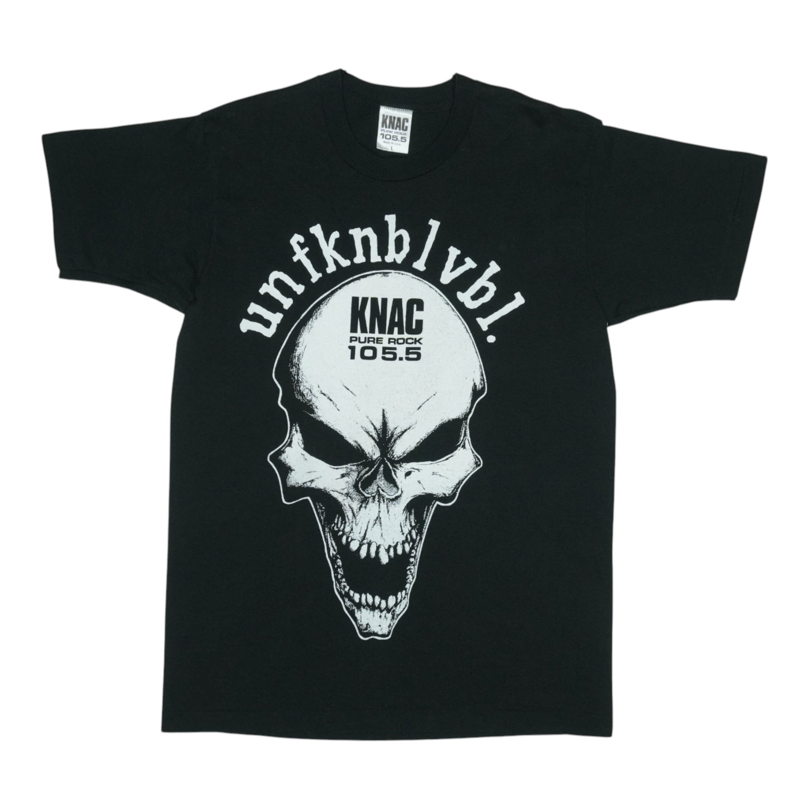 KNAC Unfknblvbl 1990s black cotton T shirt Large: KNAC Unfknblvbl 1990s black cotton T shirt Large Authentic original vintage 1990s Knac Unfknblvbl shirt in black cotton. This is a true vintage shirt, not a modern reproduction, with no back graphics.