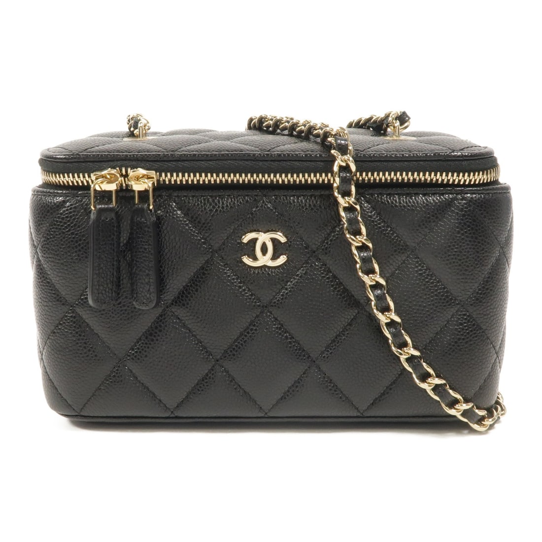 CHANEL CC Vanity Case Shoulder Bag Black Calfskin Leather GHW: CHANEL CC Vanity Case Shoulder Bag Black Calfskin Leather GHW Chanel CC vanity case shoulder bag in black calfskin leather with gold-tone hardware. This women's shoulder bag features a zippered compar