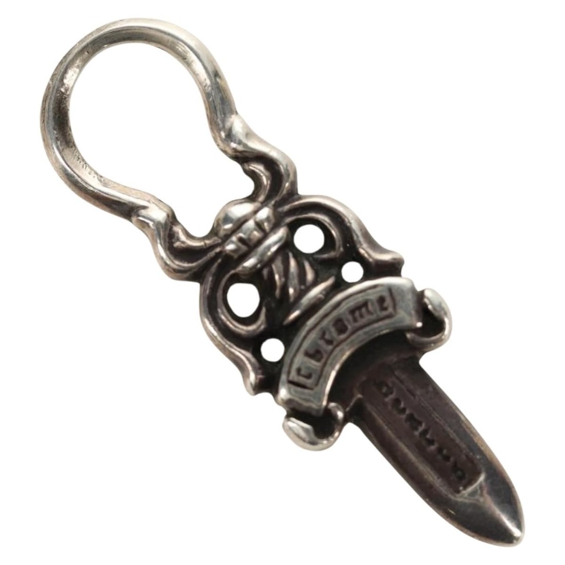 Chrome Hearts AG925 Silver Dagger Pendant Top Charm: Chrome Hearts AG925 Silver Dagger Pendant Top Charm Chrome Hearts pendant top in silver with a dagger charm design. The piece is made of Ag925 silver and is intended for women. It is offered in very g