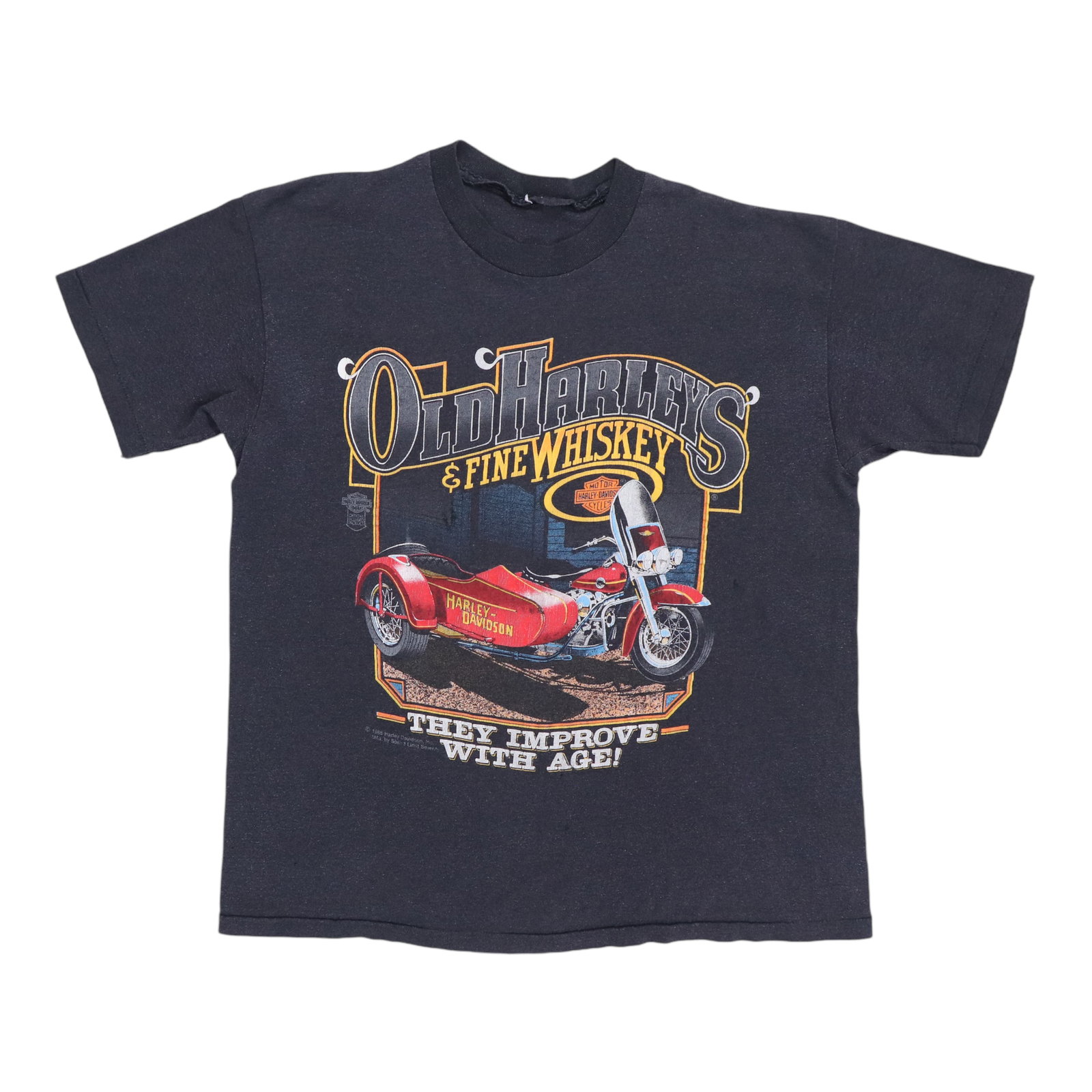 Black 1988 Harley Davidson Fine Whiskey vintage cotton shirt: Black 1988 Harley Davidson Fine Whiskey vintage cotton shirt Authentic original vintage 1988 Harley Davidson Fine Whiskey shirt in black. This is a true vintage shirt, not a modern reproduction. It ha