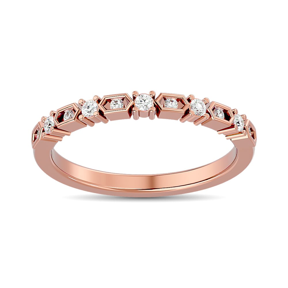 Diamond Stackable Band 1/6 Ct.tw in 10K Rose Gold: Diamond Stackable Band 1/6 Ct.tw in 10K Rose Gold 10k Rose Gold Stone Color: Gh Stone Clarity: Si2 Each ring is presented in standard size 6.5. Complimentary resizing is available between sizes 510 (i