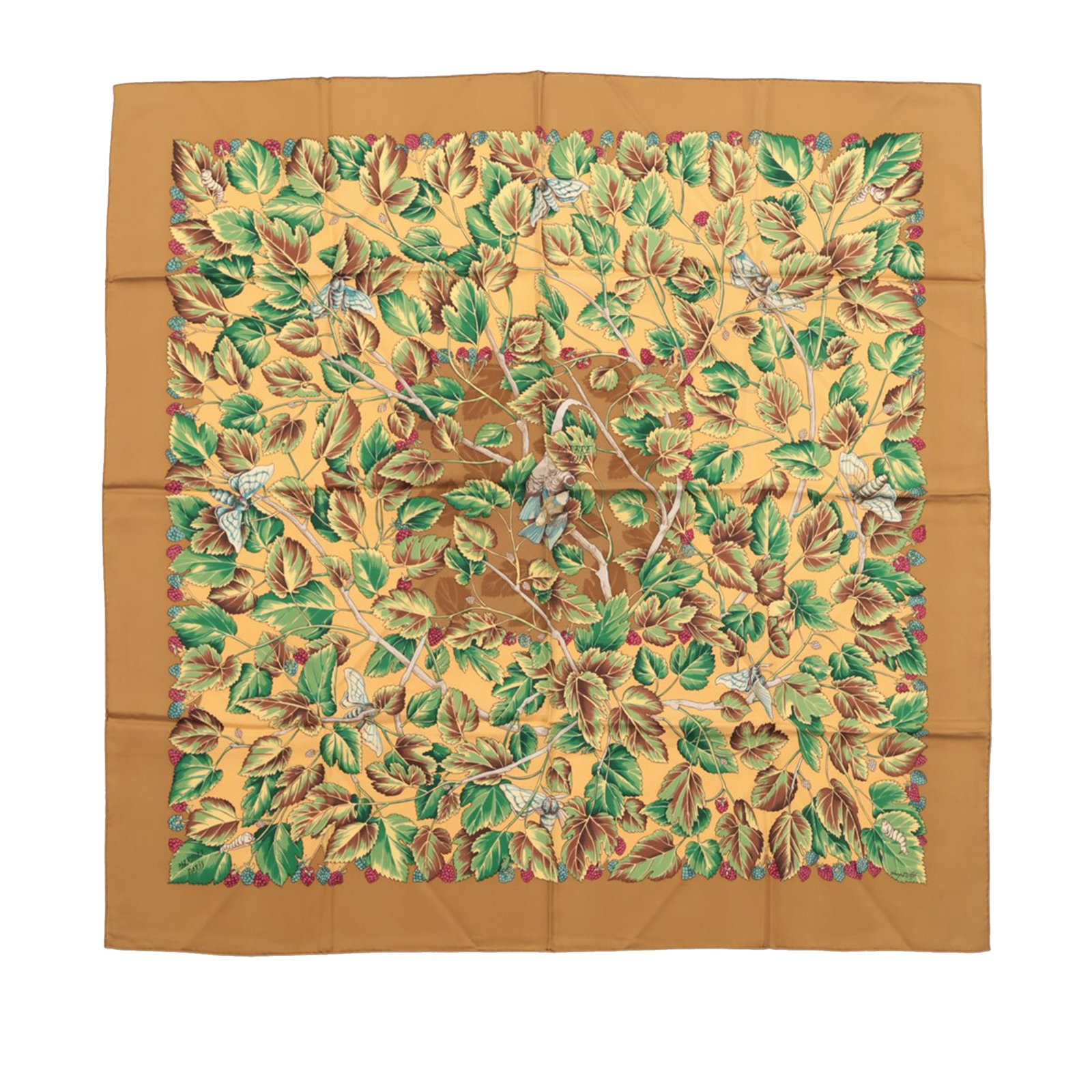 Hermes L Arbre de Soie 90 silk scarf brown: Hermes L Arbre de Soie 90 silk scarf brown Hermes L Arbre de Soie Silk Scarf 90 in brown with a printed design on silk. Made in France, this accessory includes the box. Condition is AB with loose stit