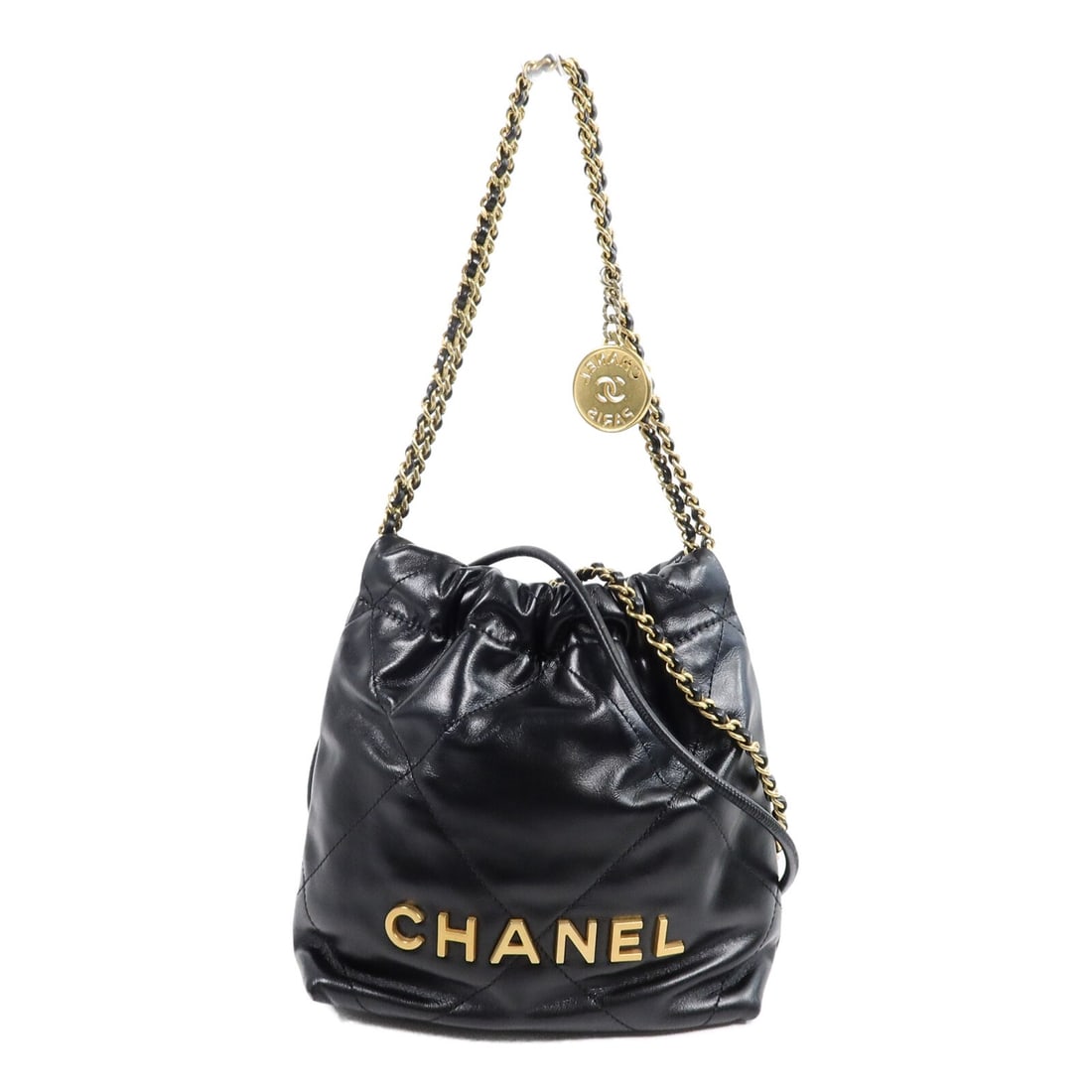 CHANEL AS3980 C22 Mini 2way Shoulder Bag Black Calfskin CC GHW: CHANEL AS3980 C22 Mini 2way Shoulder Bag Black Calfskin CC GHW A CHANEL C22 Mini Chain Shoulder Bag in black calfskin leather with gold-tone hardware. This 2-way shoulder bag is presented in very good