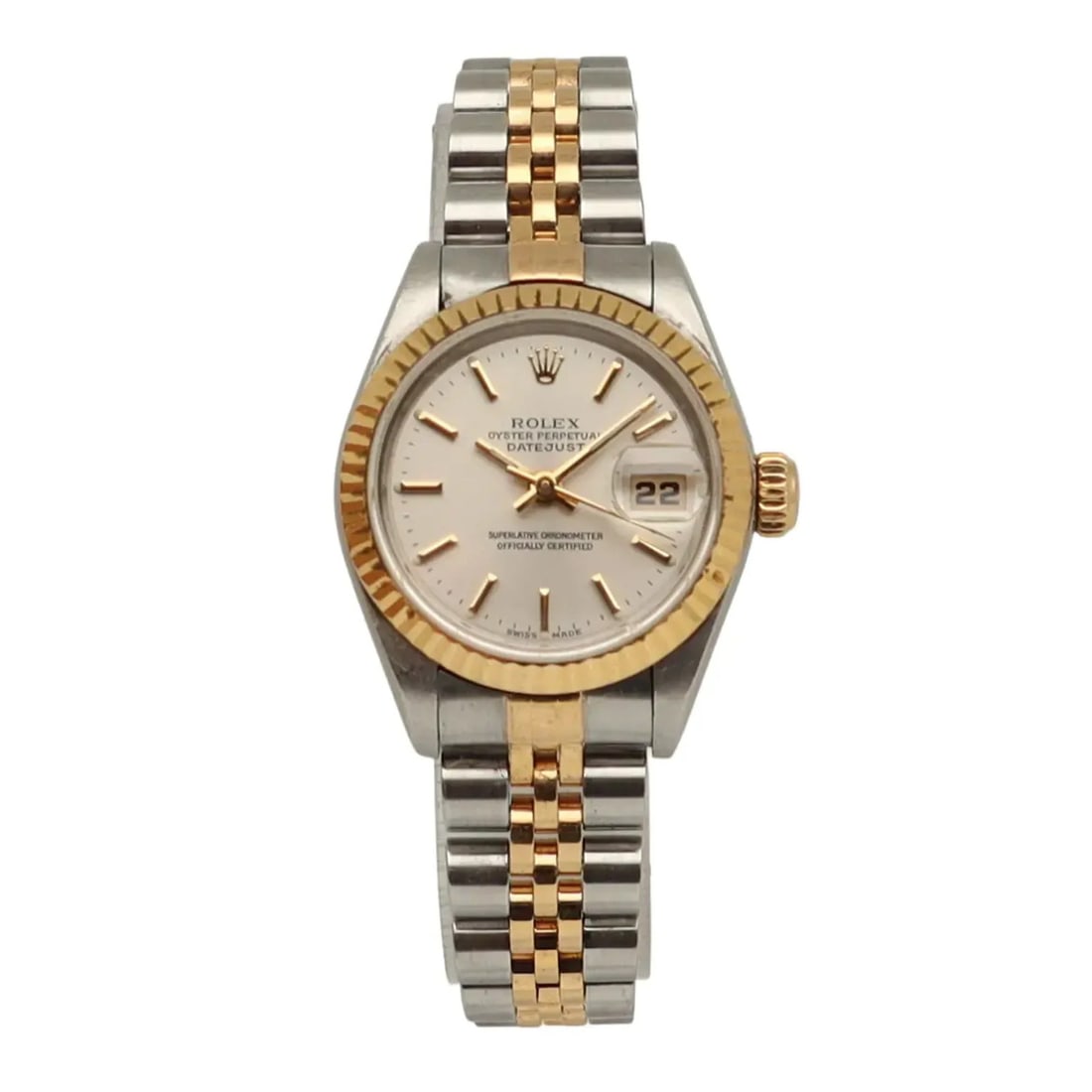 Rolex Datejust 69173 Ladies 26mm Steel and 18k Gold Silver Dial Watch: Rolex Datejust 69173 Ladies 26mm Steel and 18k Gold Silver Dial Watch Pre-owned Rolex Lady Datejust wristwatch with a silver dial and automatic movement. This women's watch was produced in 1996 and ha