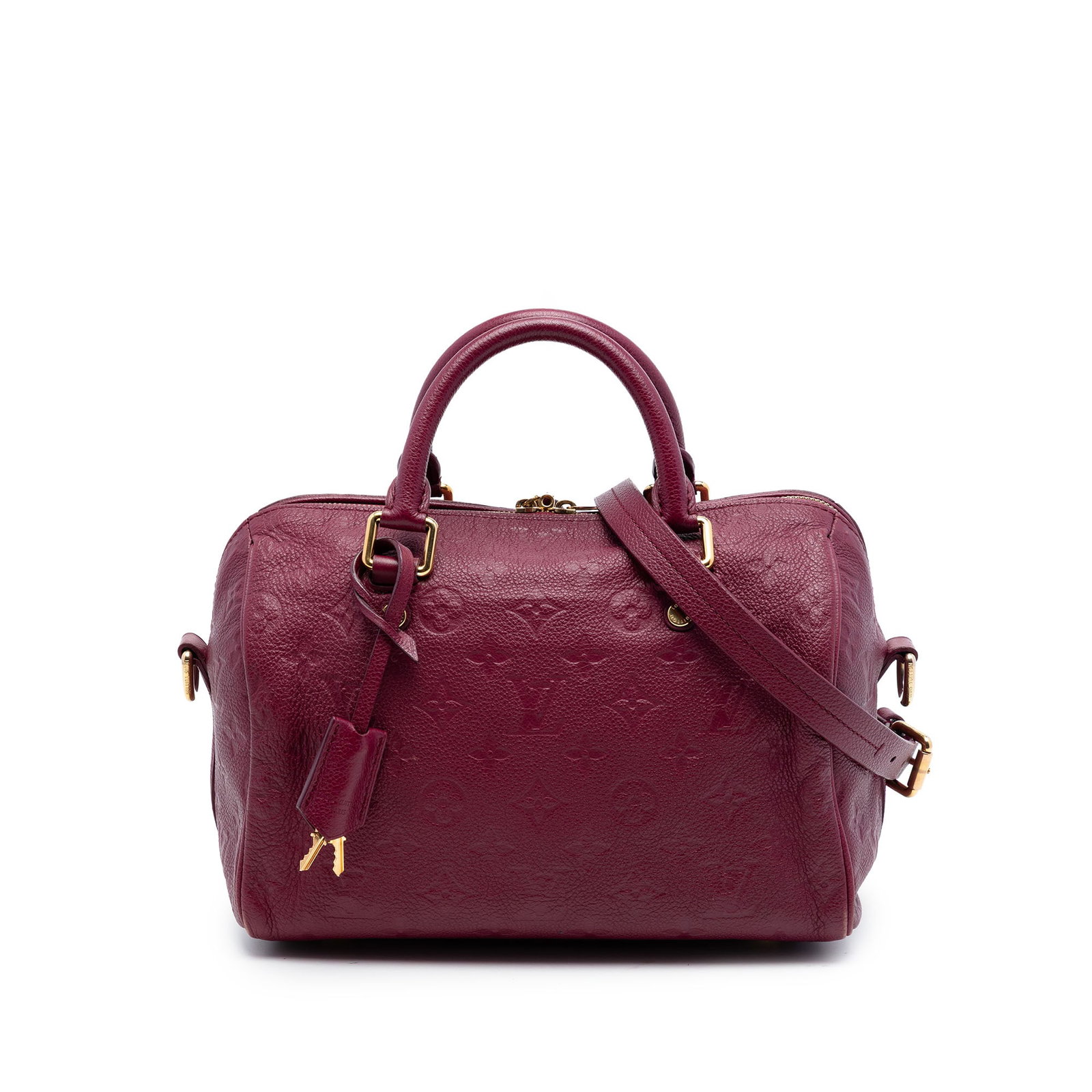 Louis Vuitton Speedy Bandouliere 25 Monogram Empreinte Leather Bag: Louis Vuitton Speedy Bandouliere 25 Monogram Empreinte Leather Bag Louis Vuitton Monogram Empreinte Speedy Bandouliere 25 in red leather with rolled top handles, a detachable and adjustable flat leath