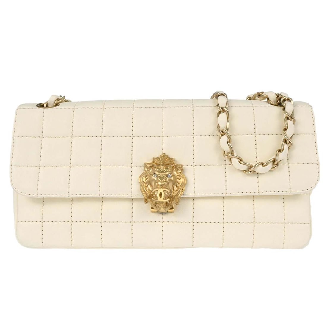 CHANEL East West Choco Bar White Lambskin Shoulder Bag: CHANEL East West Choco Bar White Lambskin Shoulder Bag Chanel East West Choco Bar shoulder bag in white lambskin with logo accents and leather lining. Made in France, this medium shoulder bag includes