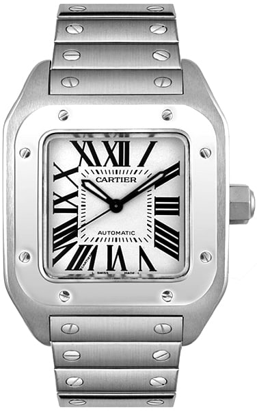 Cartier Santos 100 Large mens watch silver Roman dial leather strap manuals: Cartier Santos 100 Large mens watch silver Roman dial leather strap manuals Cartier Santos 100 Large wristwatch featuring a silver Roman numerals dial, stainless steel bezel, and leather strap. This m