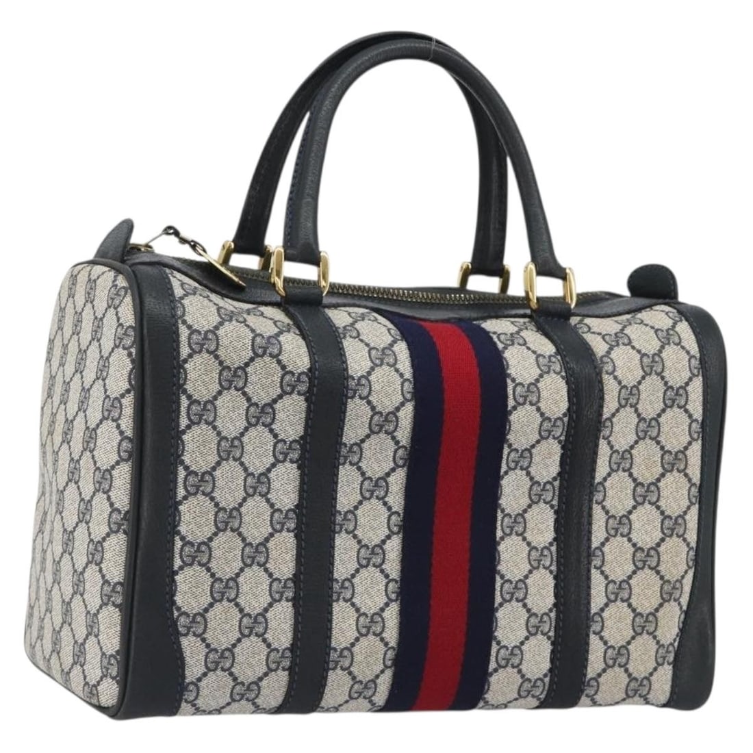Gucci Sherry Line GG Supreme Boston Bag Navy PVC Leather: Gucci Sherry Line GG Supreme Boston Bag Navy PVC Leather A Gucci Sherry Line Boston Bag in navy and gold, made from PVC leather and GG Canvas. This Boston Bag includes a dust bag and was made in Italy