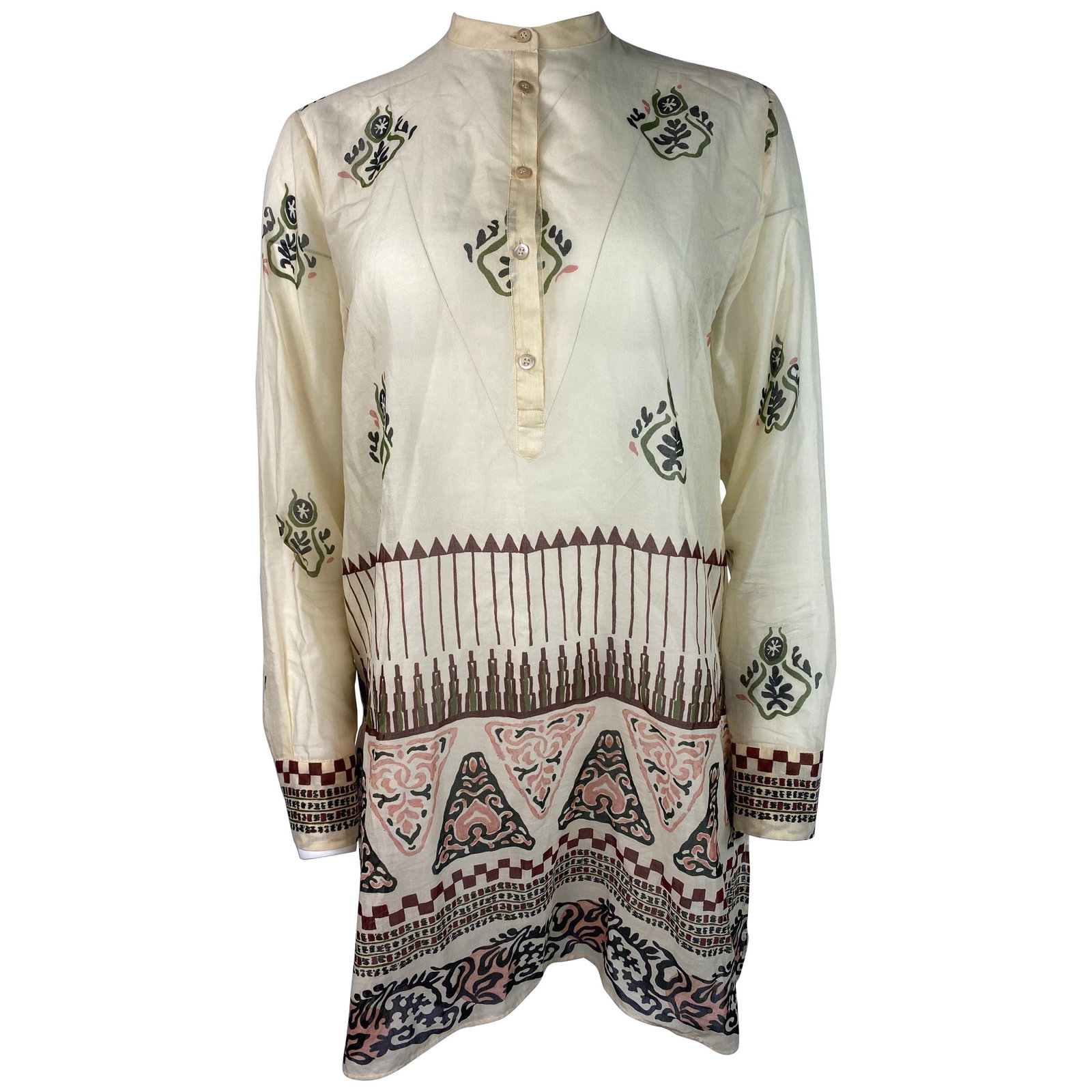 Christian Dior patterned cotton tunic blouse cream US 6: Christian Dior patterned cotton tunic blouse cream US 6 Christian Dior long sleeve tunic top in cream and ivory cotton with a brown, green, and pink geometric abstract pattern. This collarless design 