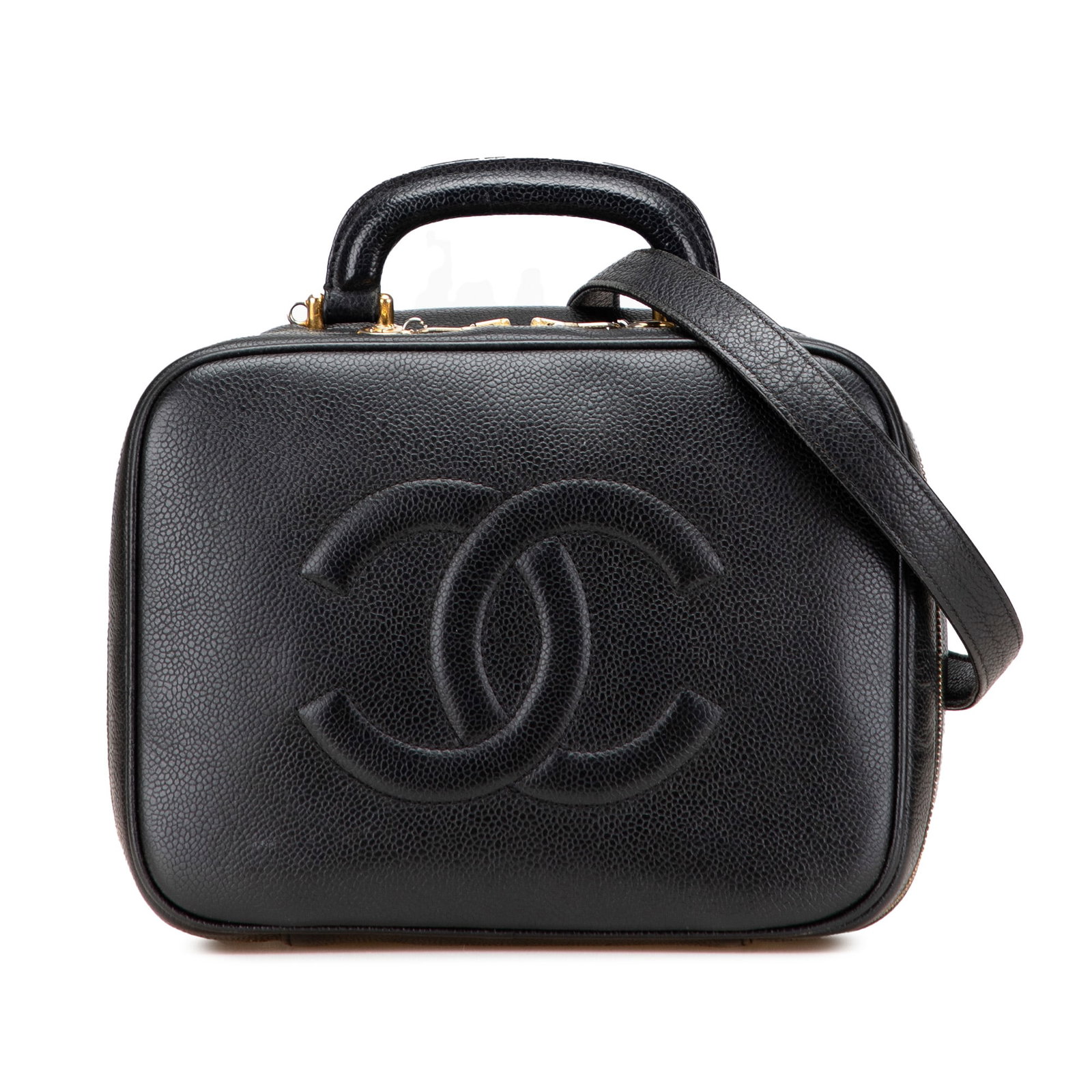 Chanel CC Caviar Leather Vanity Bag Black Italy: Chanel CC Caviar Leather Vanity Bag Black Italy Elevate your accessory collection with the Chanel CC Caviar Vanity Case, a sophisticated bag crafted from luxurious black caviar leather. This stylish v