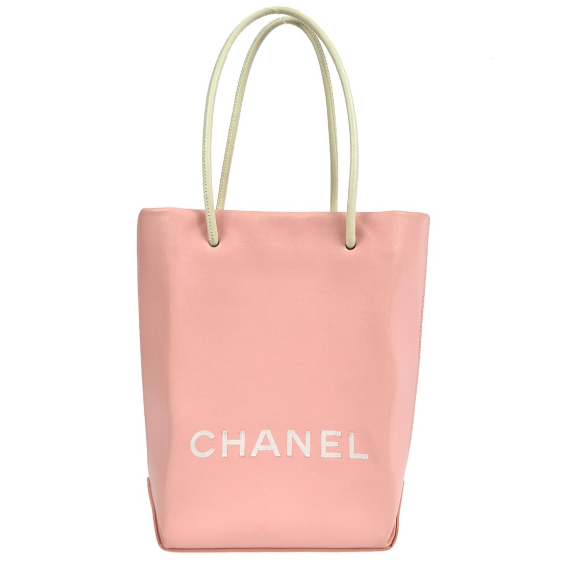 CHANEL Essential Tote Small Pink Calfskin Handbag: CHANEL Essential Tote Small Pink Calfskin Handbag Chanel Essential Tote bag in pink calfskin leather with white double handles and a black nylon lining. This small tote features a logo accent and one 