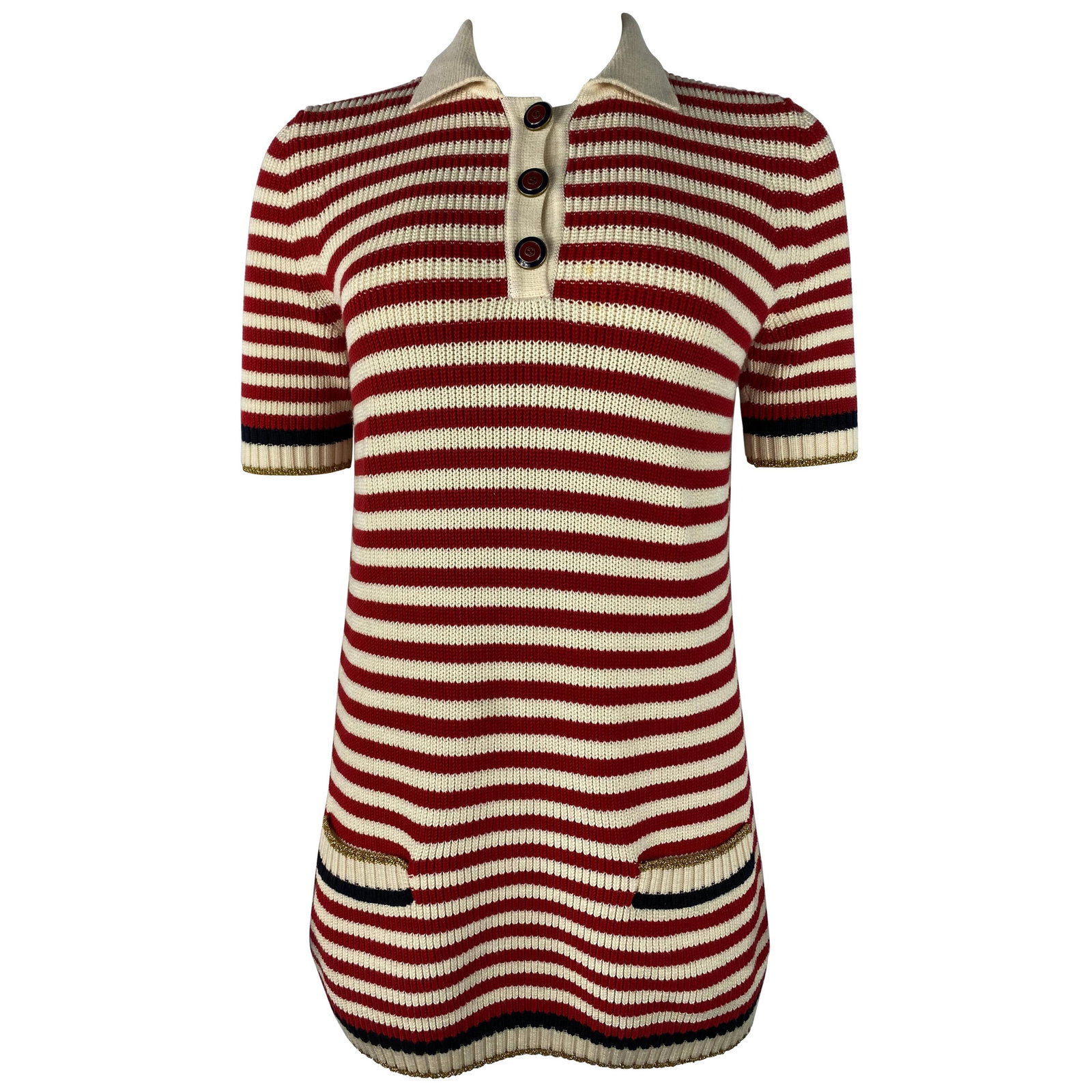 Gucci Wool Knit Short Sleeve Sweater Top Red White (1 of 12)