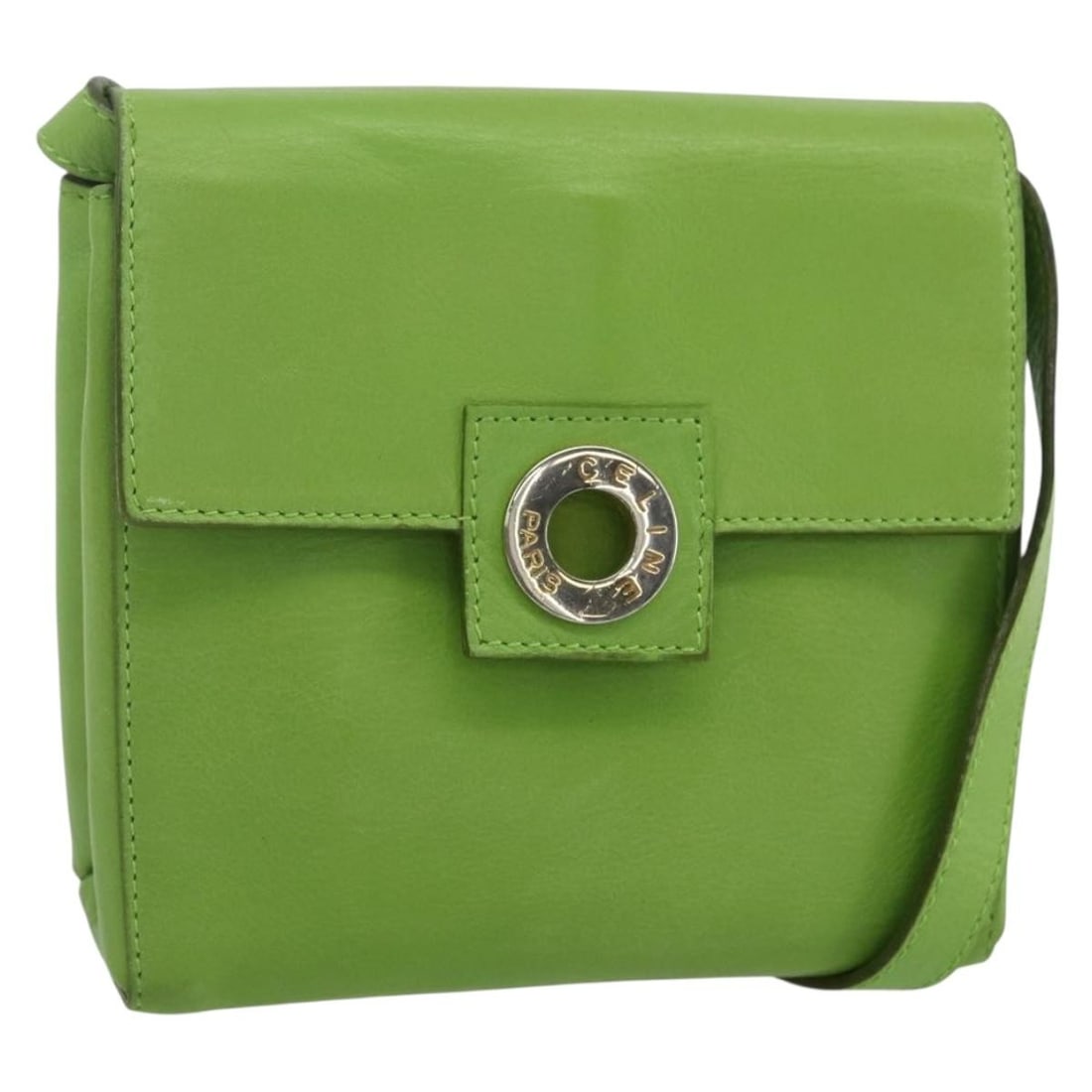 CELINE Circle Leather Shoulder Bag Gold Light Green Italy: CELINE Circle Leather Shoulder Bag Gold Light Green Italy Celine circle shoulder bag in leather with a gold and light green exterior. Made in Italy and includes a dust bag. Condition is B with reasona