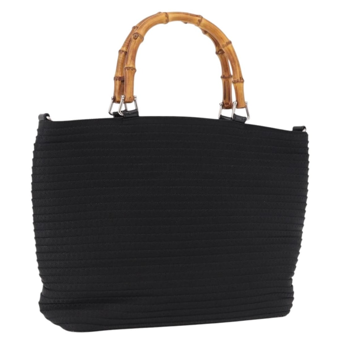GUCCI 000 1998 0540 Bamboo Canvas Hand Bag Black Silver: GUCCI 000 1998 0540 Bamboo Canvas Hand Bag Black Silver Gucci Bamboo Hand Bag in black and silver canvas, made in Italy. This women's handbag features a black/silver color scheme, a handle drop of app