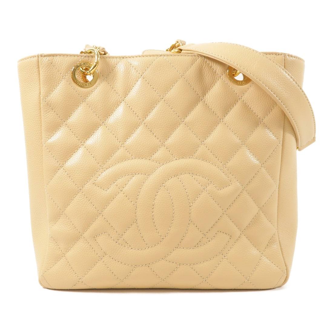 CHANEL PST CC Shoulder Bag Beige Calfskin Gold Tone Chain: CHANEL PST CC Shoulder Bag Beige Calfskin Gold Tone Chain A CHANEL CC chain shoulder bag crafted in calfskin leather in beige. It features gold-tone hardware, a magnetic pocket, an interior open pocke