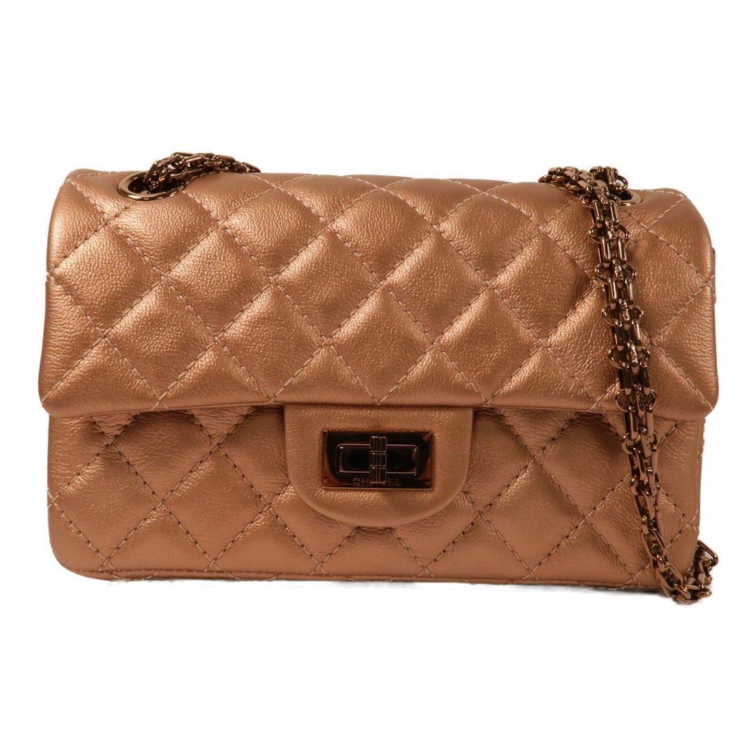 CHANEL 2.55 Mini Shoulder Bag Bronze Calfskin CC GHW: CHANEL 2.55 Mini Shoulder Bag Bronze Calfskin CC GHW CHANEL 2.55 Mini Chain Shoulder Bag in bronze calfskin (cowhide) leather with gold-tone hardware. This women's shoulder bag features a turn lock cl
