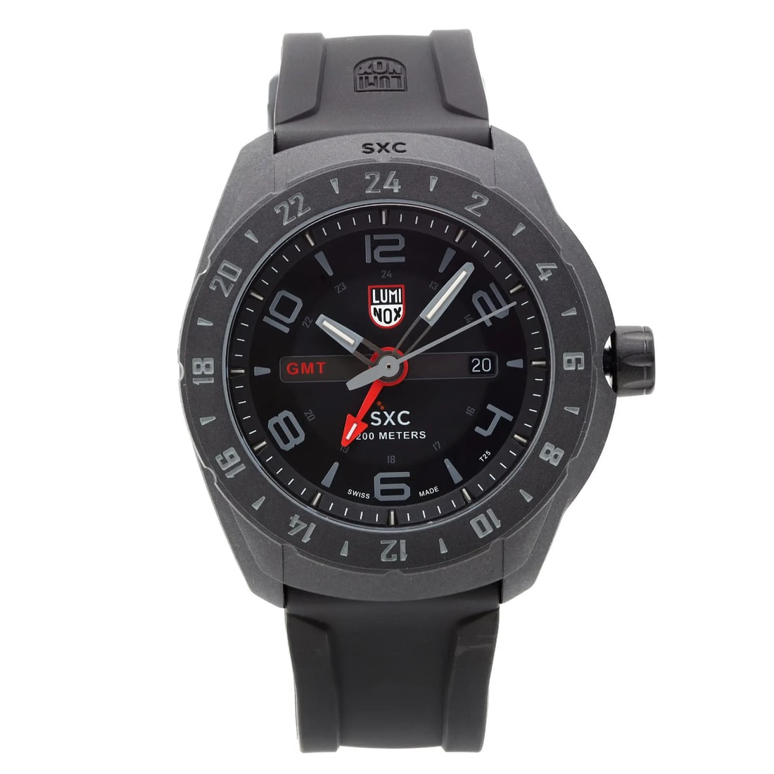 Luminox SXC Space GMT Mens Quartz Watch 45.5mm Black Carbon Case: Luminox SXC Space GMT Mens Quartz Watch 45.5mm Black Carbon Case Pre-owned Luminox SXC Space GMT men's wristwatch with a black dial and carbon case. This quartz watch features an analog display with A