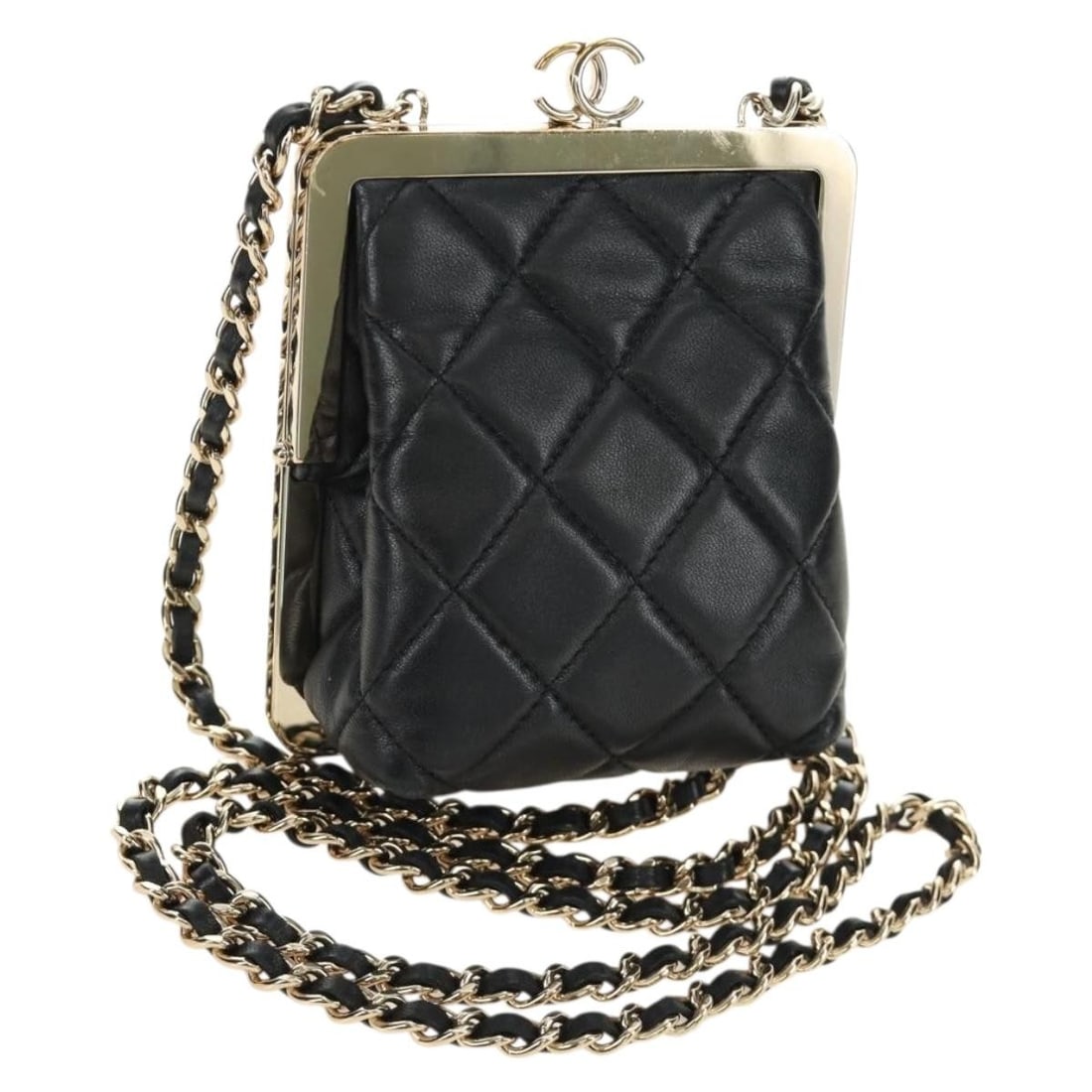 CHANEL Lamb Skin Mini Shoulder Pouch Black Gold Chain Bag (1 of 18)