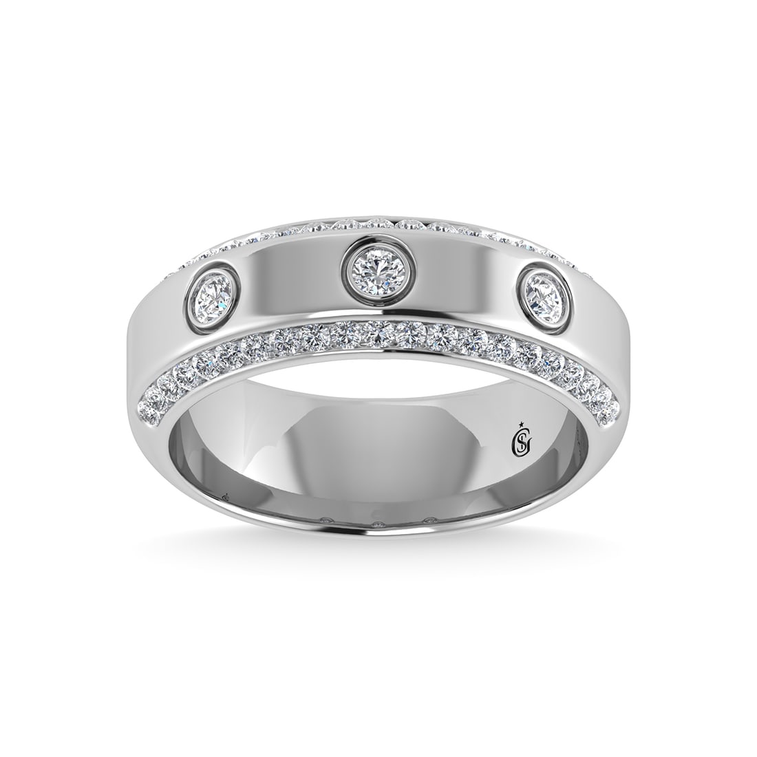 14K White Gold Diamond 3/4 Ct.Tw. Mens Machine Band: 14K White Gold Diamond 3/4 Ct.Tw. Mens Machine Band 14k White Gold Stone Color: G-h Stone Clarity: I1-i2 Each ring is presented in standard size 6.5. Complimentary resizing is available between sizes 