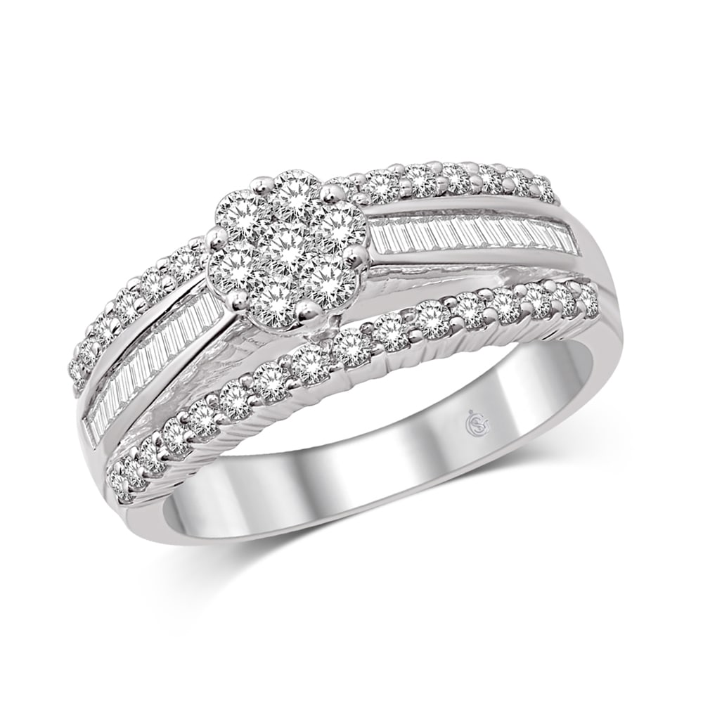 14K White Gold 3 Ct.Tw. Diamond Engagement Ring: 14K White Gold 3 Ct.Tw. Diamond Engagement Ring This eye-catching ring is available in 14K White Gold. There are 61 round / straight baguette diamonds with a total carat weight of 3 Ct.Tw. set in a ch